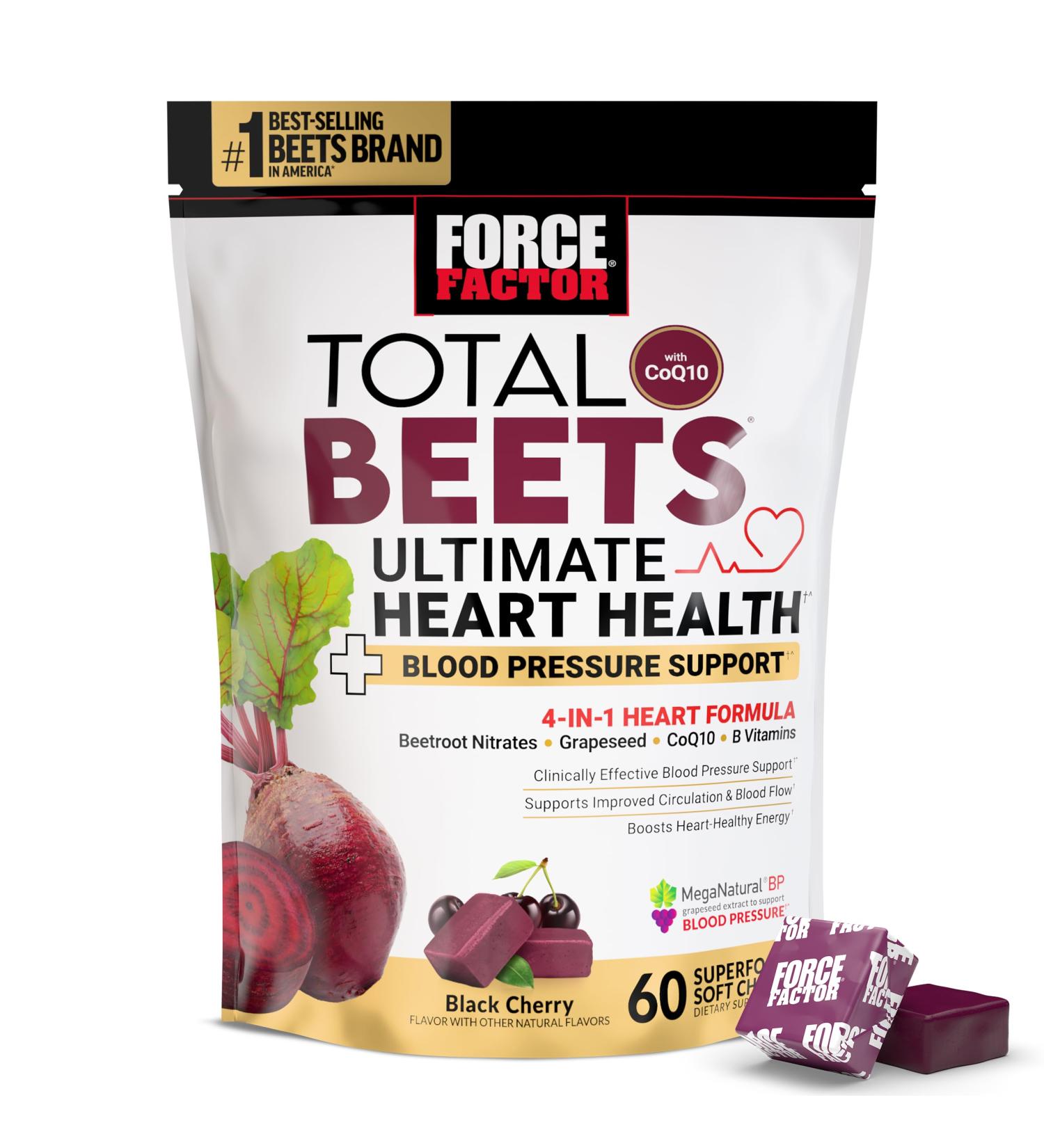 Force Factor Total Beets Ultimate Heart Health Chews for Blood Pressure Support, with Beetroot Powder, CoQ10, B Vitamins & Grapeseed Extract for Blood Flow & Energy, Black Cherry, 60 Soft Chews Black Cherry 1 Pack - Buy Online on GoSupps.com