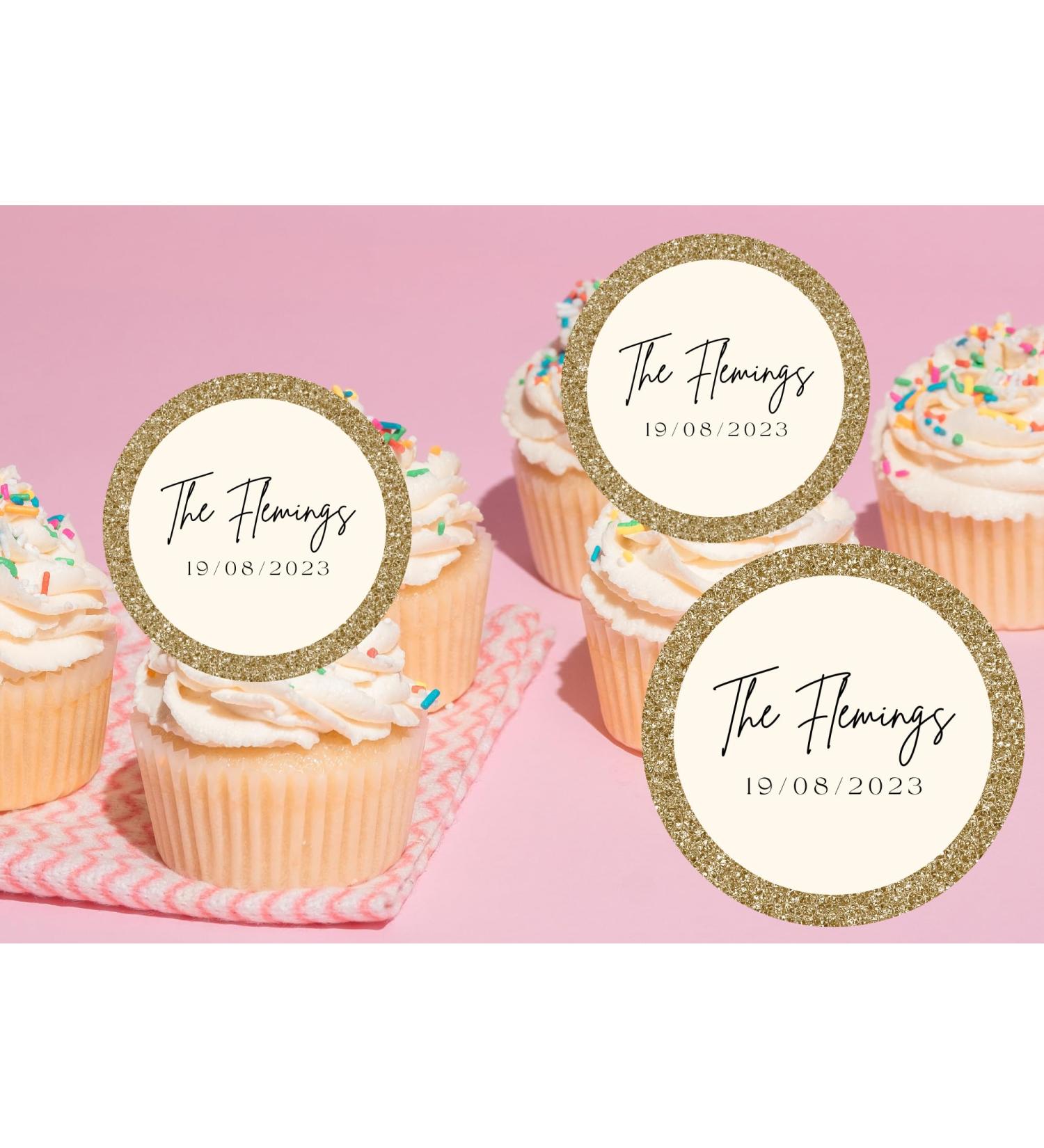 edible 20 x WEDDING Personalised cupcake toppers uncut Gold (icing paper)