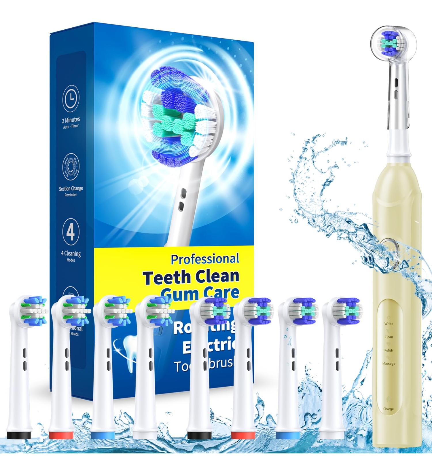 Rotering Electric Toothbrush for Adults - 8 Brush Heads 4 Modes Rechargeable 2-Minute Smart Timer - Quick Load Yellow - Buy Online on GoSupps.com