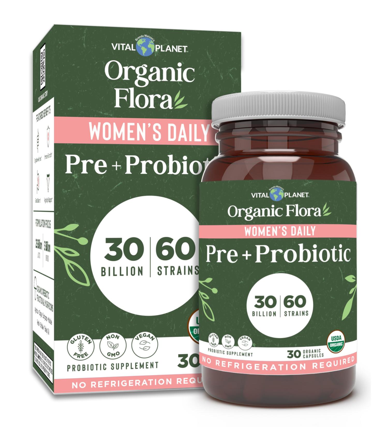 Vital Planet - Organic Flora Probiotics for Women Women's Daily Shelf Stable Probiotic 30 Billion CFU 60 Diverse Strains Prebiotic Organic Mushroom Blend Immune and Digestive Health 30 Capsules - Buy Online on GoSupps.com