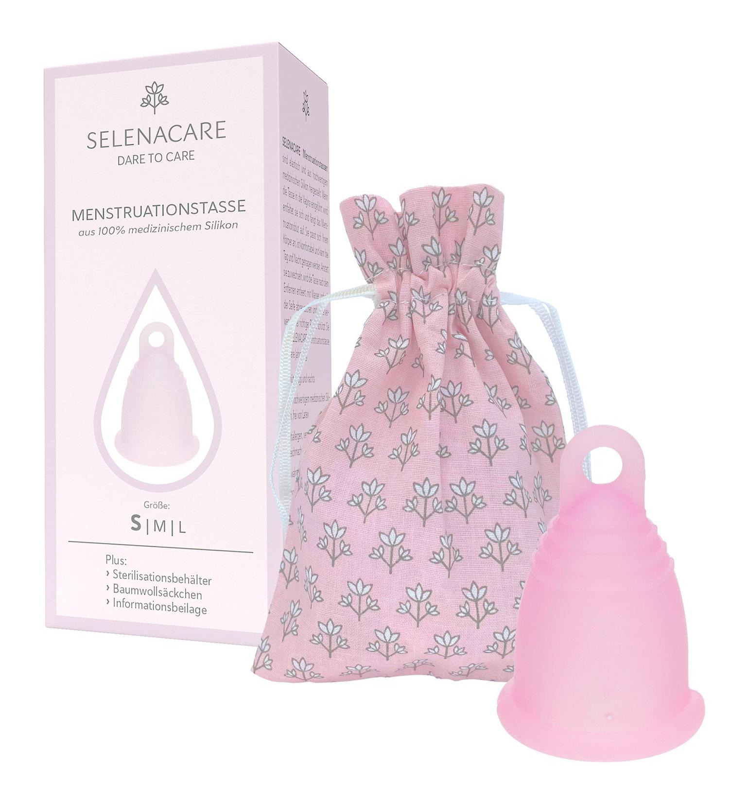 Selenacare Menstrual Cup Premium - Washable Medical Silicone Period Cup with Cotton Bag & Cleaning Container - Size S (21ml) - Pink - 1 Piece - Buy Online on GoSupps.com