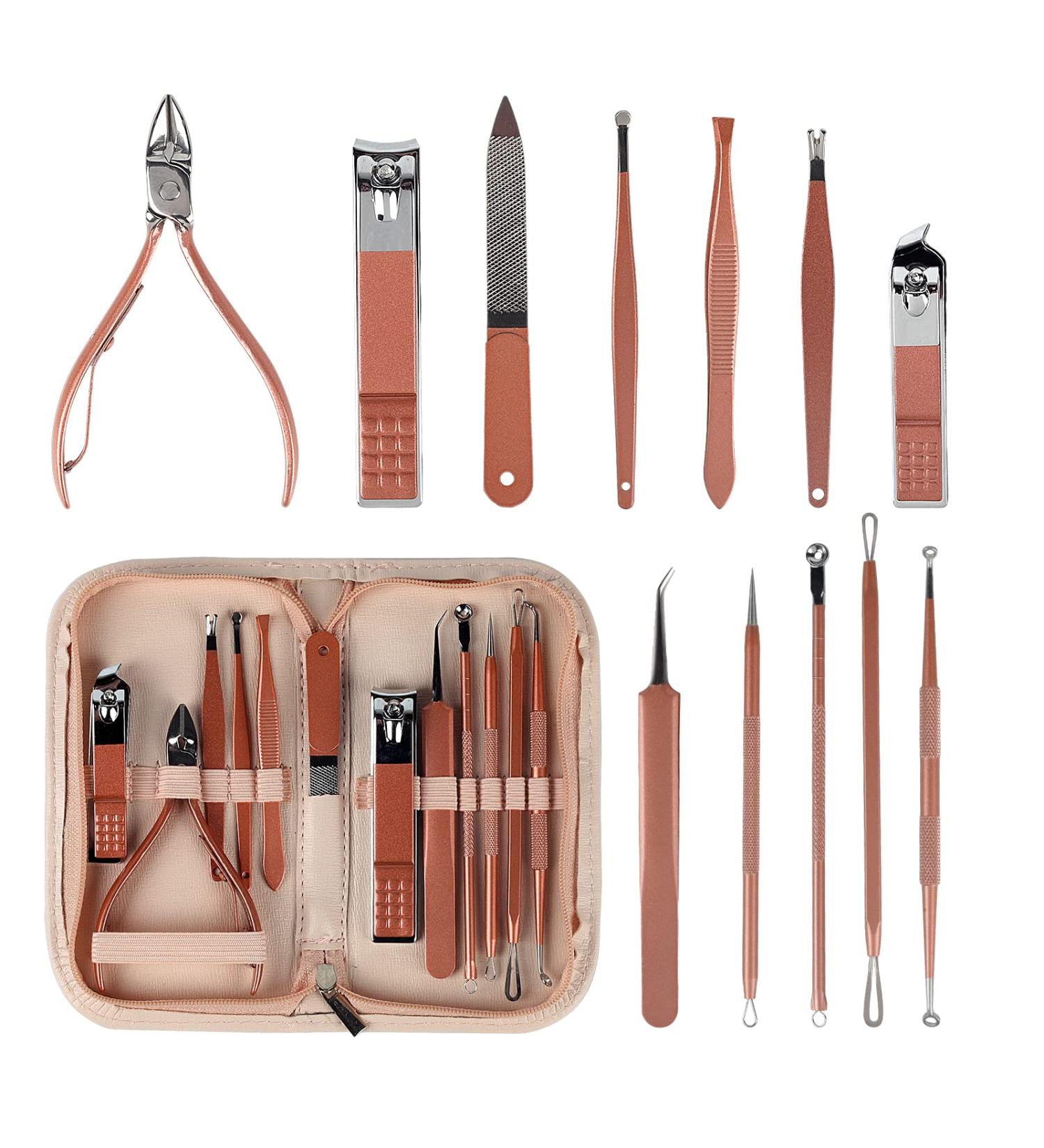 Blackhead Remover Pimple Extractor & Manicure Set 12 in 1 - Acne Removal Kit with Leather Bag - Buy Online on GoSupps.com