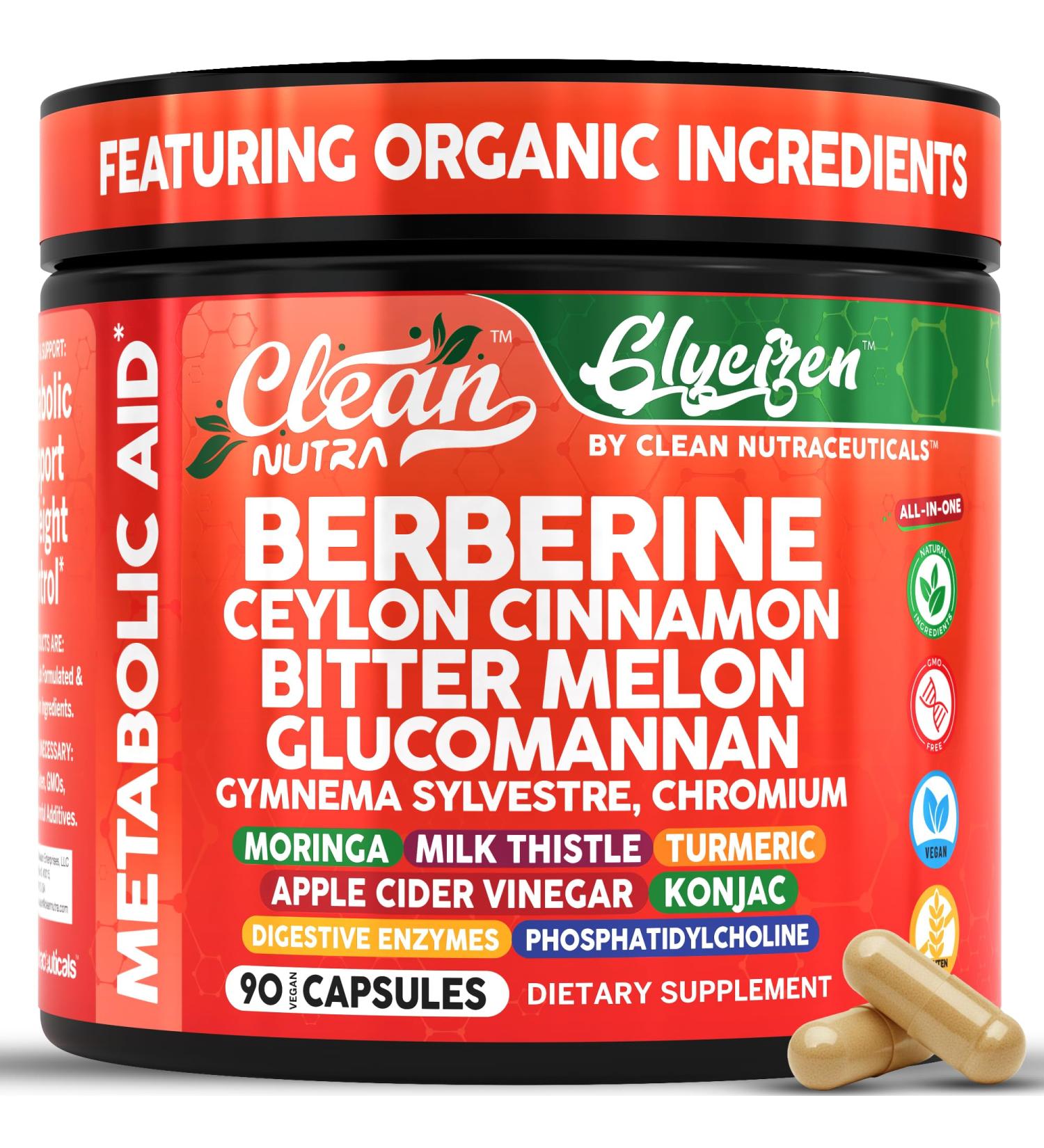Clean Nutra Berberine and Ceylon Cinnamon Supplement Bitter Melon Glucomannan Gymnema Sylvestre Chromium Moringa Milk Thistle Turmeric Apple Cider Vinegar Digestive Enzymes Inositol Pills 90 Capsules - Buy Online on GoSupps.com