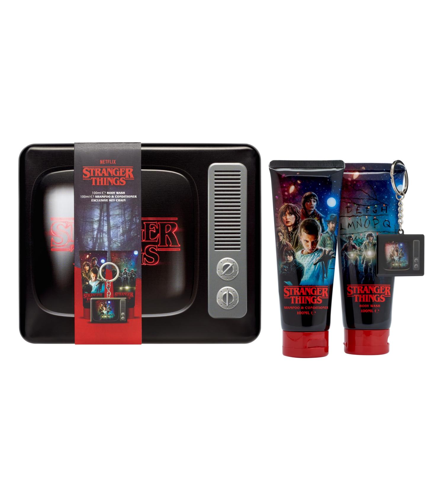 STRANGER THINGS STATIC TV TIN SET 100ML BODY WASH 100ML SHAMPOO & CONDITIONER & TV KEYRING