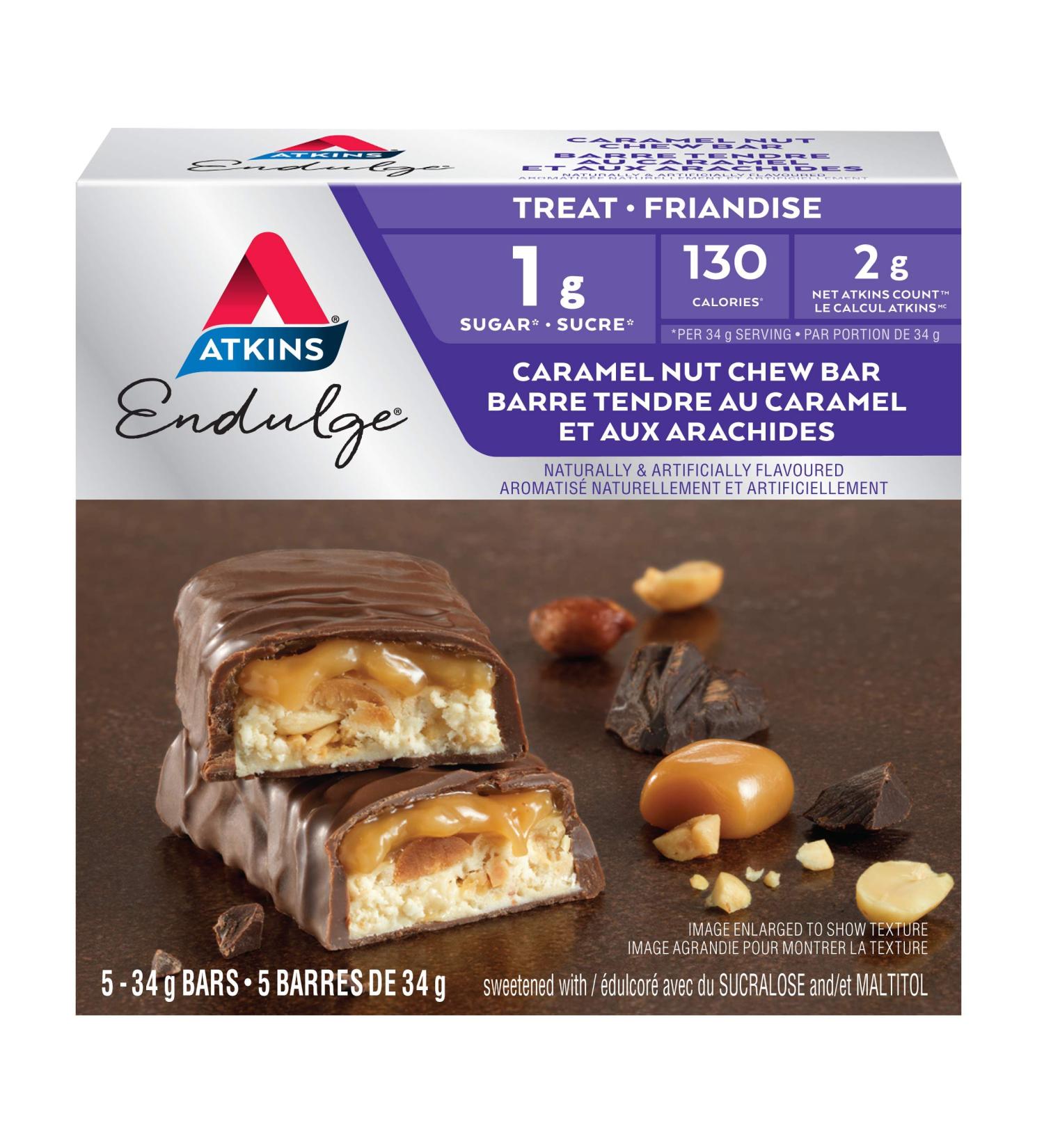Atkins Endulge Bars - Caramel Nut Chew Low Sugar Keto Friendly High Fibre 1g Sugar 2g Carbs 5ct Caramel Nut Chew Endulge Bars - Buy Online on GoSupps.com