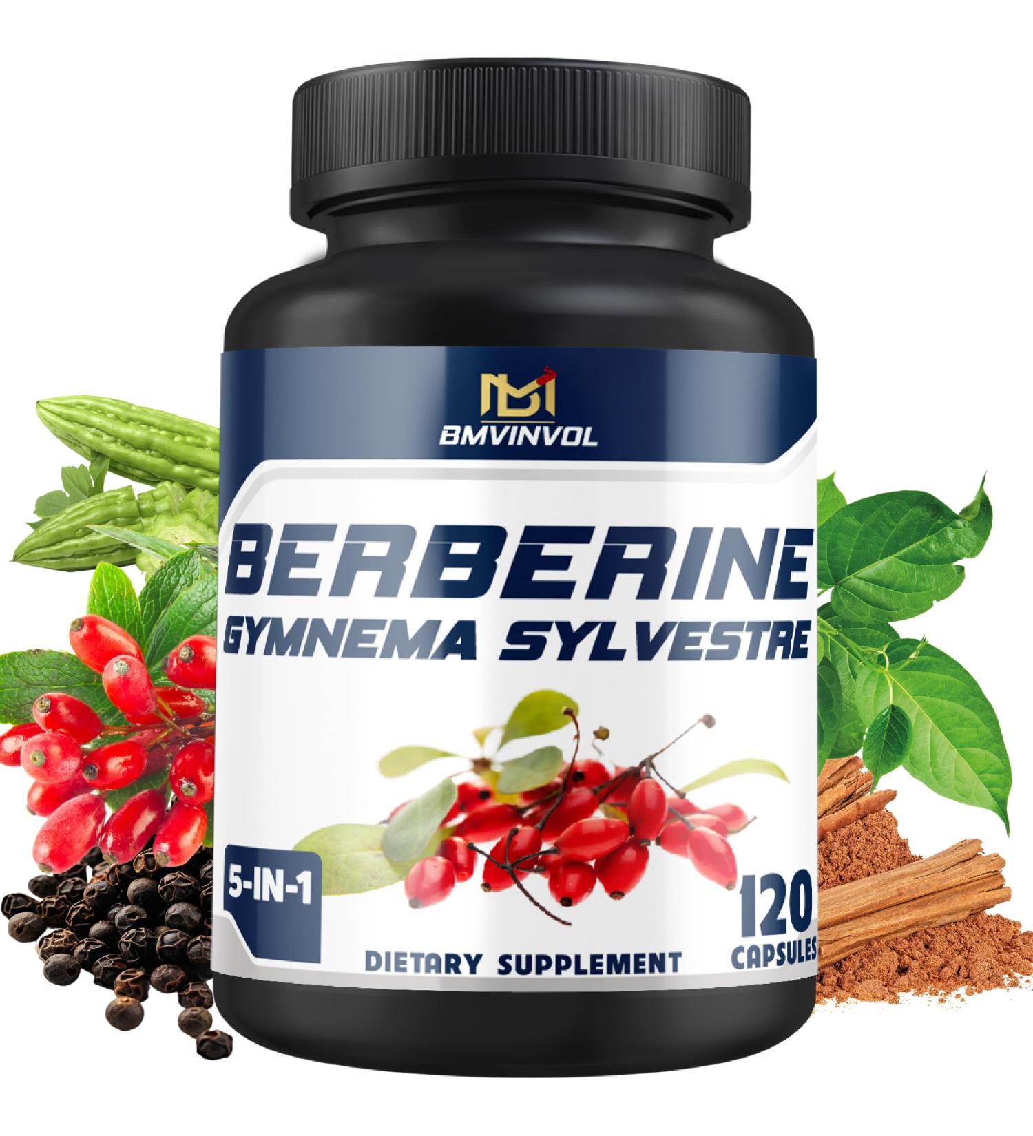 BMVINVOL 5-in-1 Berberine Supplement with Ceylon Cinnamon Gymnema Sylvestre Bitter Melon & Black Pepper - Supports Immune Function Cardiovascular Heart (120 Count) - Buy Online on GoSupps.com