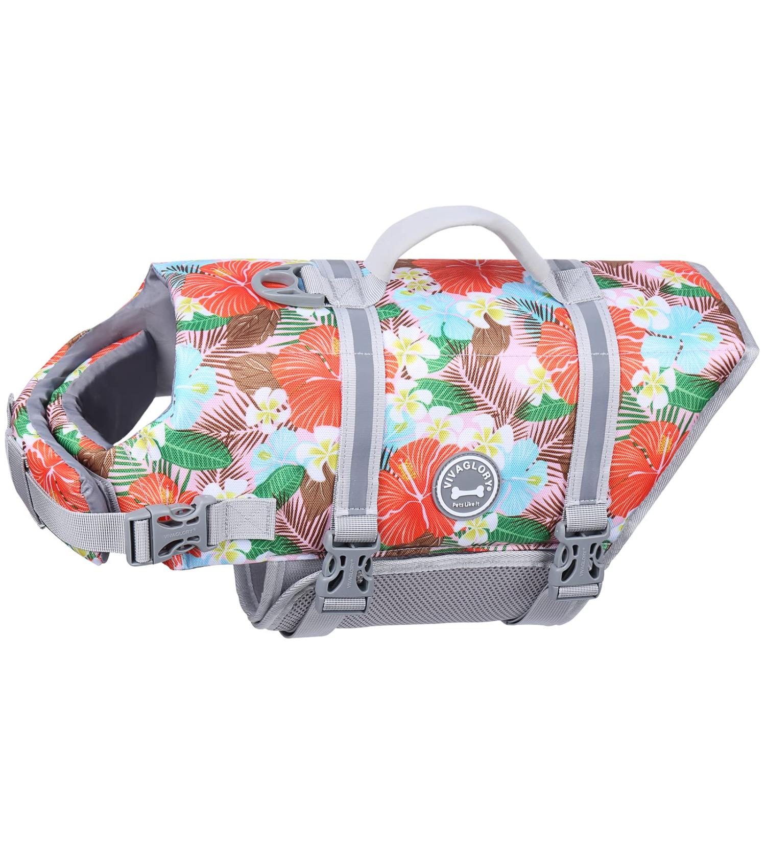 Vivaglory Ripstop Dog Rescue Vest - Enhanced Buoyancy & Visibility for Small to Medium Dogs - Flower Orange M (53-63cm Chest) - Buy Online on GoSupps.com