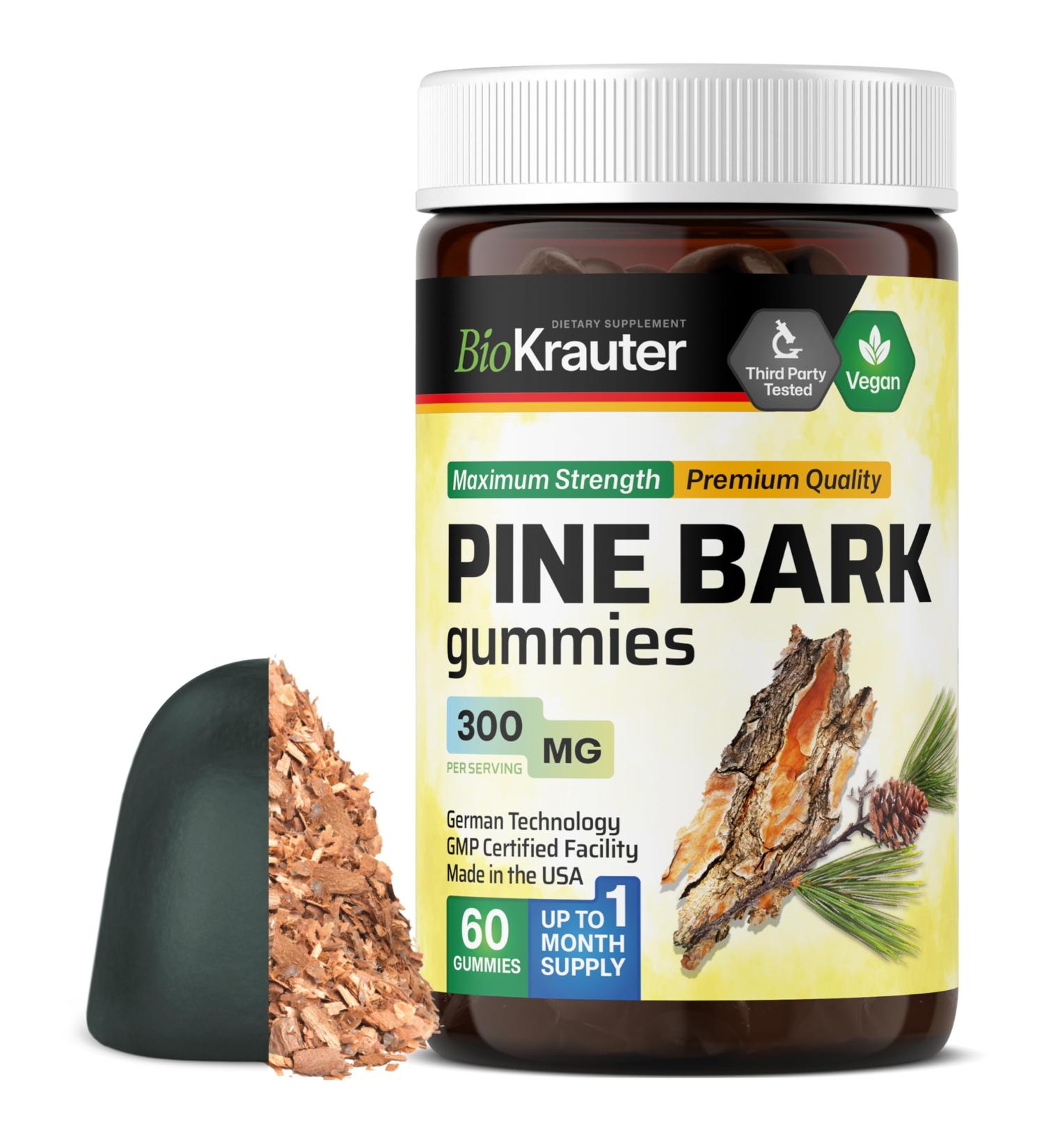 BIO KRAUTER Pine Bark Extract Gummies - 300 mg Strength - 60 Vegan Chews - French Maritime Pine Bark Extract - Antioxidant Supplement - 95% Proanthocyanidins - Pectin-Based Formula - Buy Online on GoSupps.com