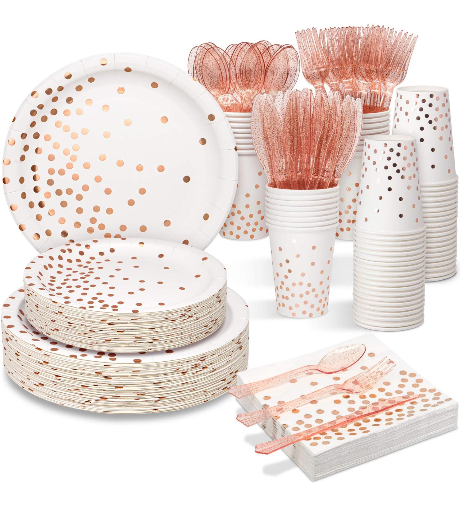 350 PCS White Rose Gold Party Supplies - Disposable Dinnerware Set for Birthday, Baby Shower, Wedding Party - Paper Plates, Napkins, Cups, Cutlery - Buy Online on GoSupps.com