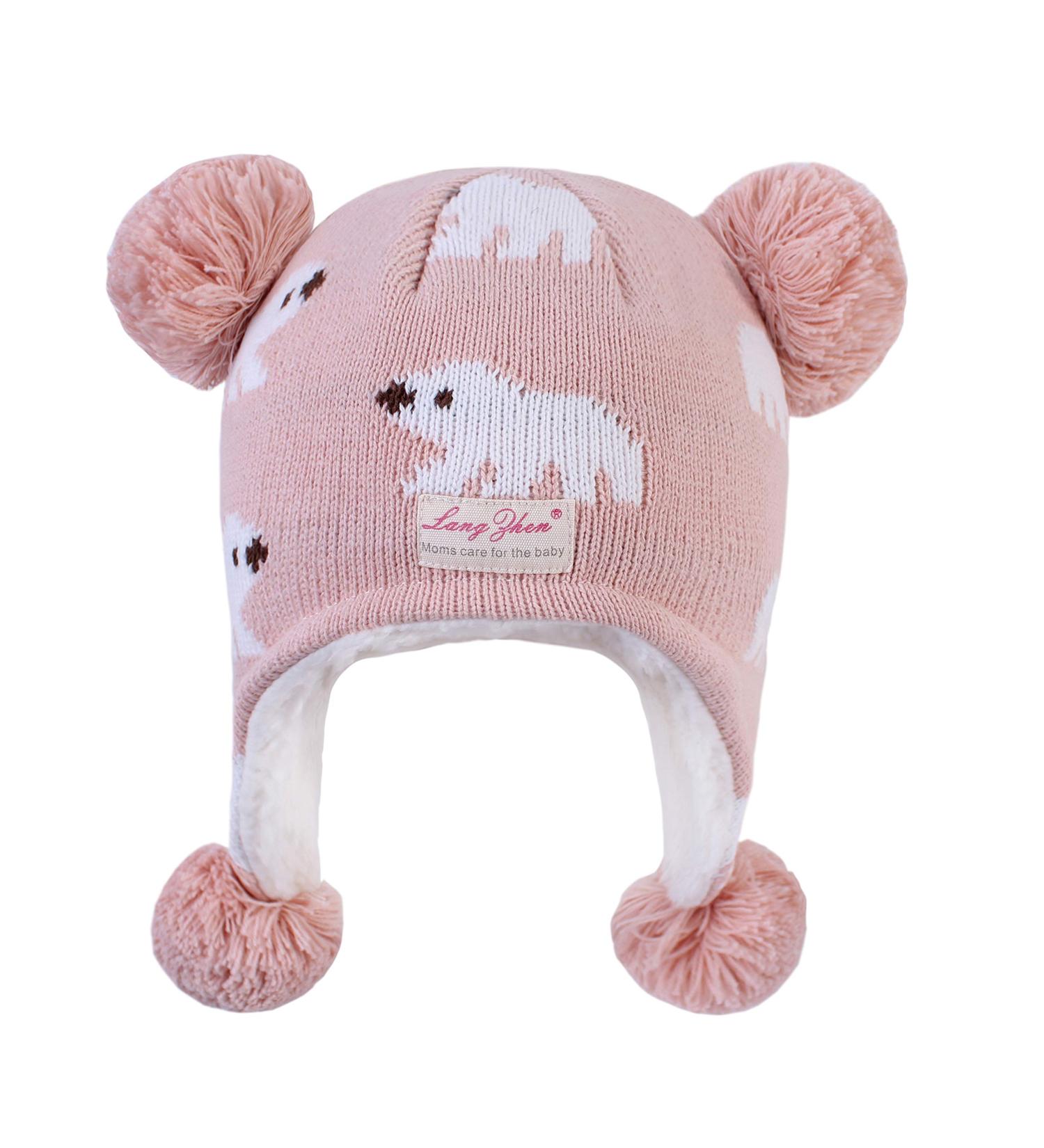 LANGZHEN Polar Bear Pink Winter Hat for Baby Boys Girls 6-12 Months | Earflap Knit Warm Cap with Fleece Lining - Buy Online on GoSupps.com