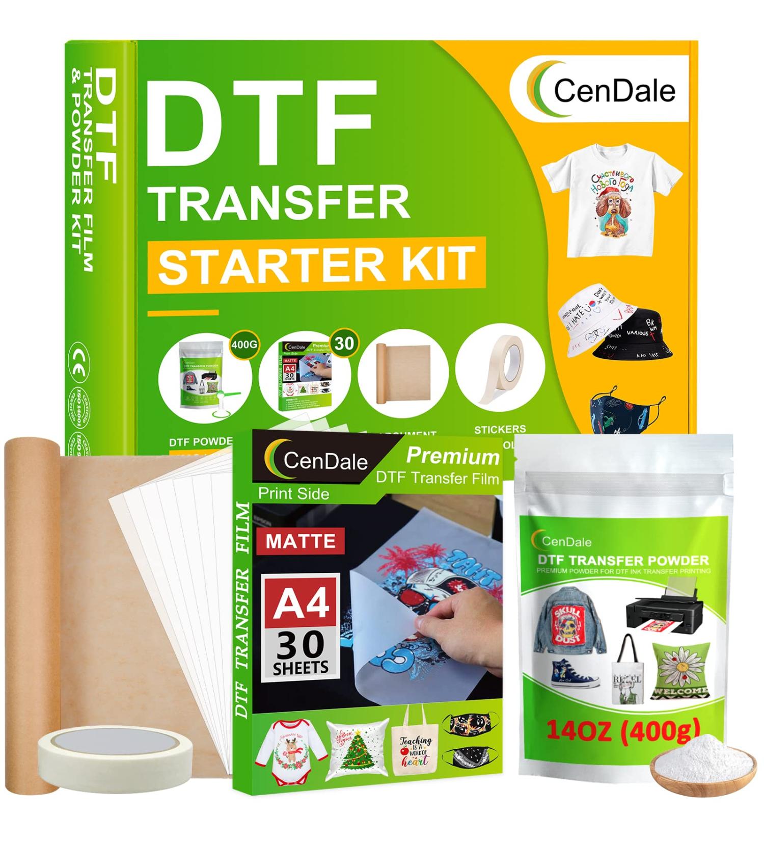 CenDale DTF Transfer Film and Powder Kit - 30 Sheets A4 DTF Film + 14oz White DTF Powder | Direct-to-Film Transfer for Any Fabric | DTF Starter Kit for DTF & Sublimation Printer - Buy Online on GoSupps.com