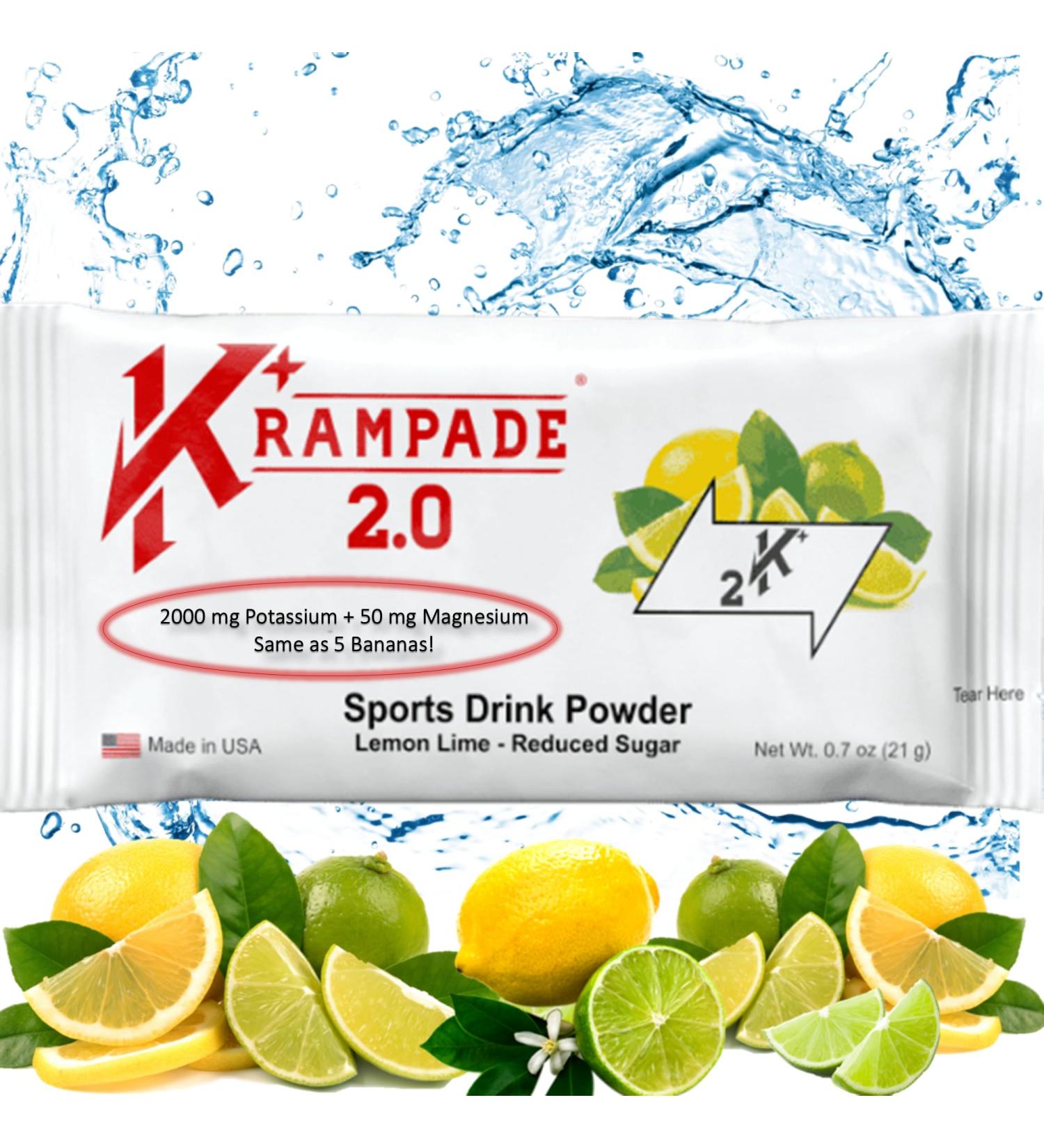 Krampade 2.0 Reduced Sugar Lemon-Lime 2K 2000 mg Potassium 50 mg Magnesium Electrolyte Drink Powder | Cramp Relief Hydration Improved Performance - Buy Online on GoSupps.com