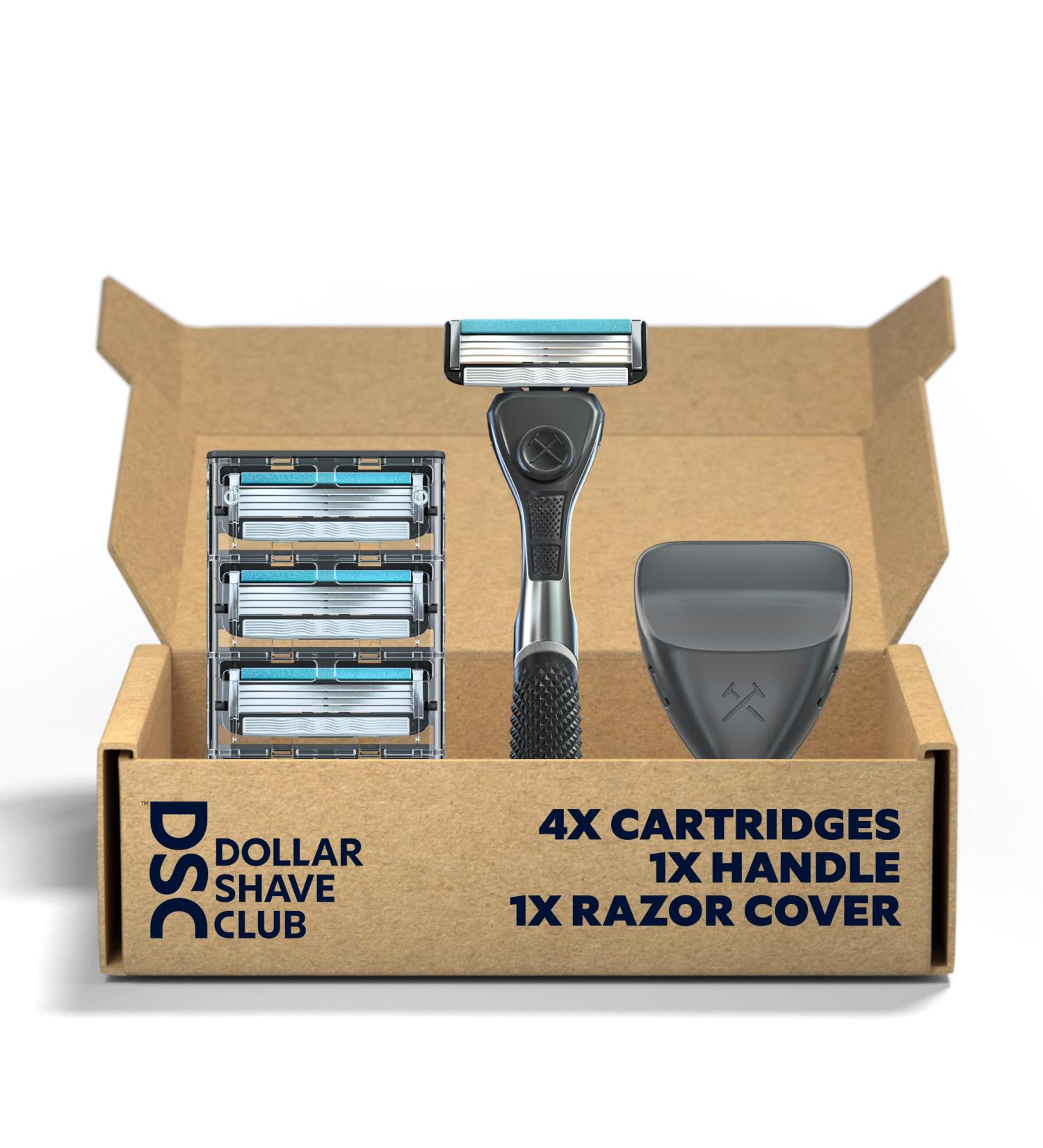 Dollar Shave Club | 4-Blade Travel Shaving Kit | Diamond Grip Club Razor Handle, 4-Blade Club Razor Cartridges, and Razor Cover, Easy to Grip Handle, Shaving Starter Set, Razor Kit, Great for Travel Razor Blade Cover