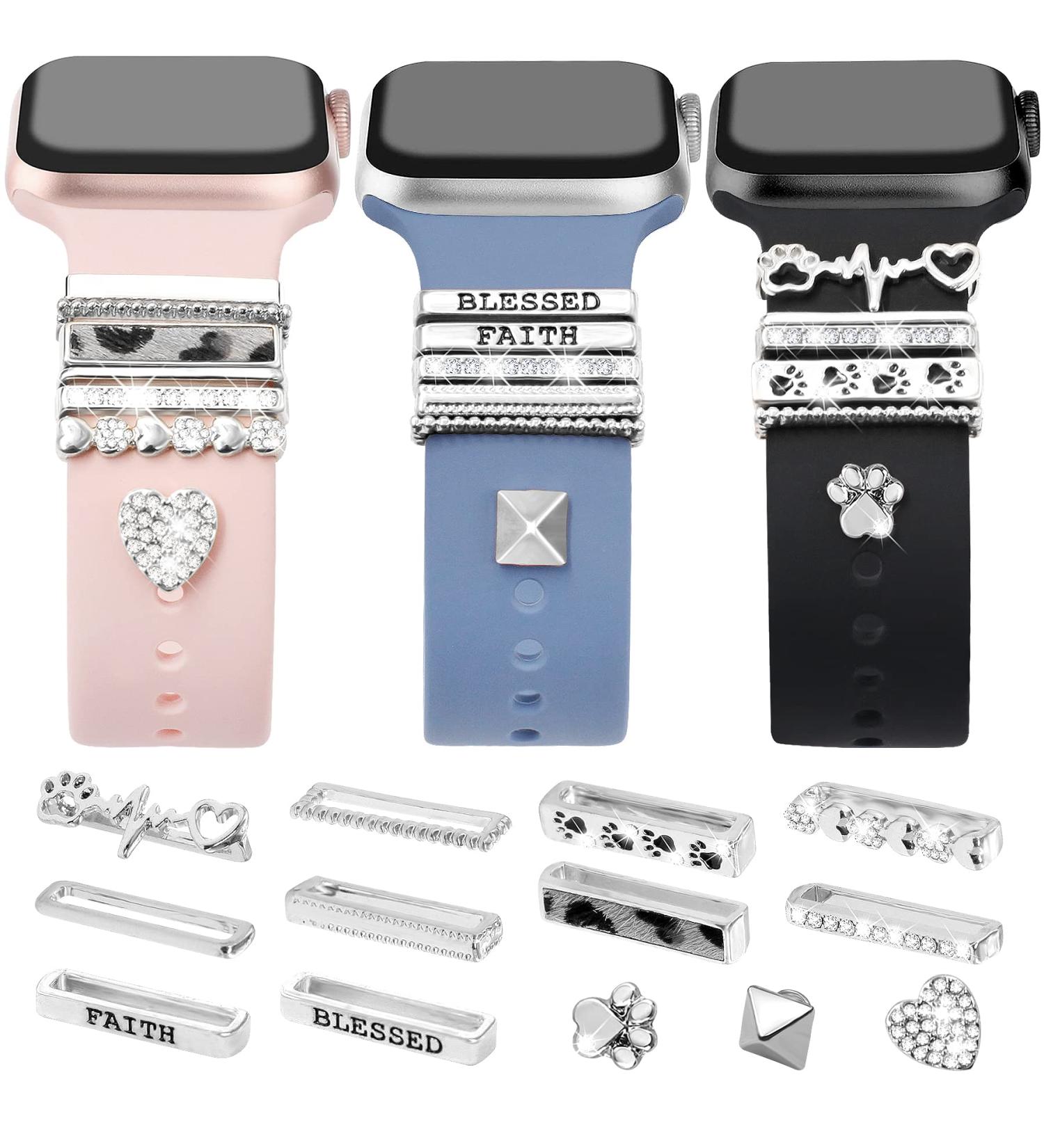 JR.DM 13 Pieces Silver Watch Band Charms with 10-Pcs Decorative Rings Loops & 3-Pcs Classic Clasp  Compatible with Apple Watch 38mm 40mm 41mm 42mm 44mm 45mm Metal Diamond Sliding Strap Accessories for iWatch Series 8 7 6 5 4 3 2 1 (No Watch Band) - Buy Online on GoSupps.com