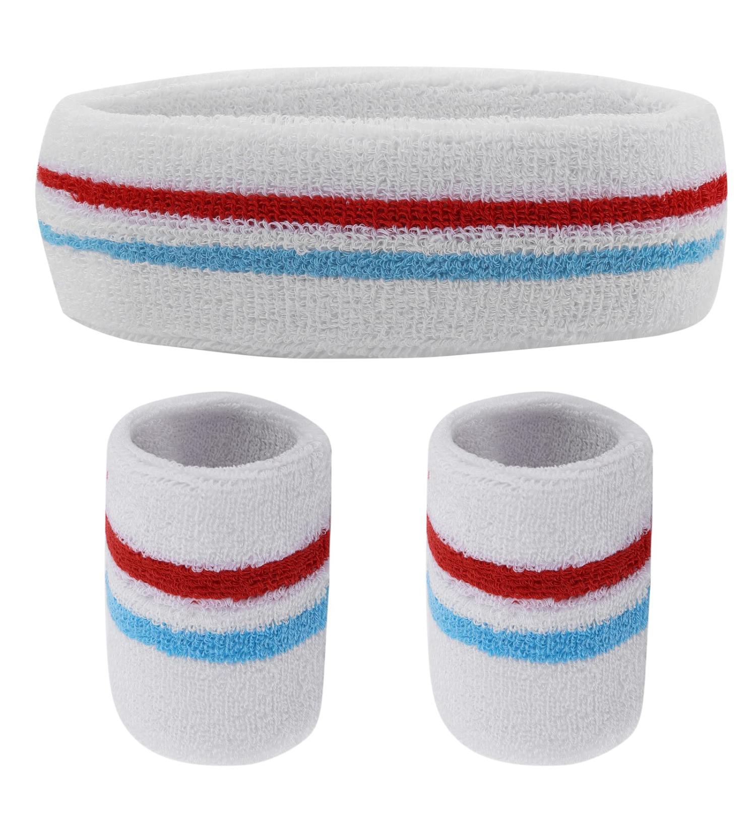 Yolev Striped Welding Band Set | Sports Headband & Bracelets for Men & Women - Red Blue White - Buy Online on GoSupps.com