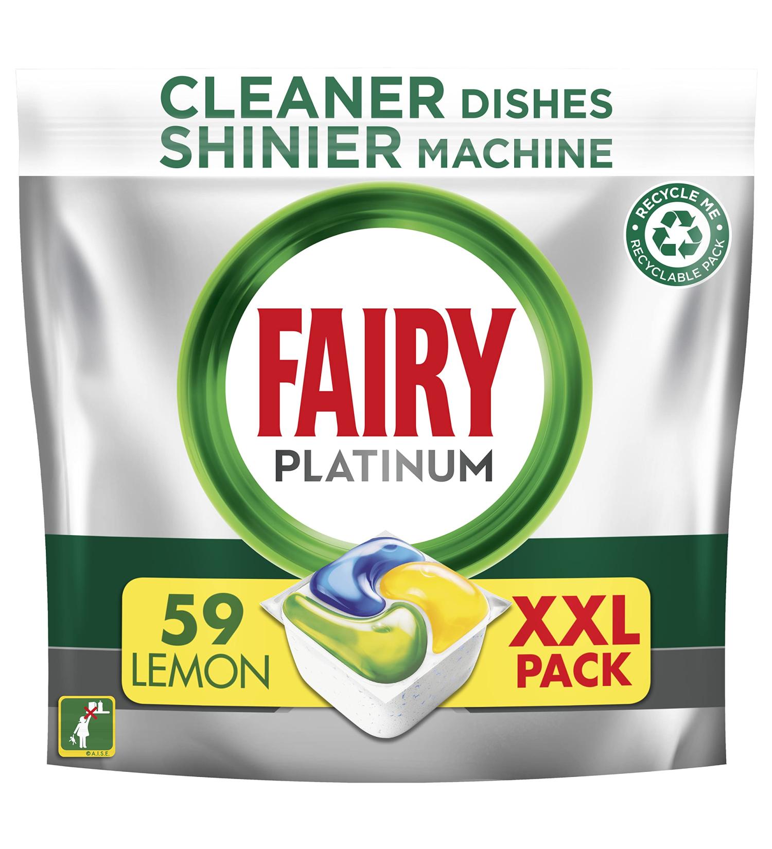 Fairy Platinum All in One Dishwasher Tablets Lemon 59 Capsules For tough Challenges Even Cleans Greasy Filters Lemon 59 Count (Pack of 1)