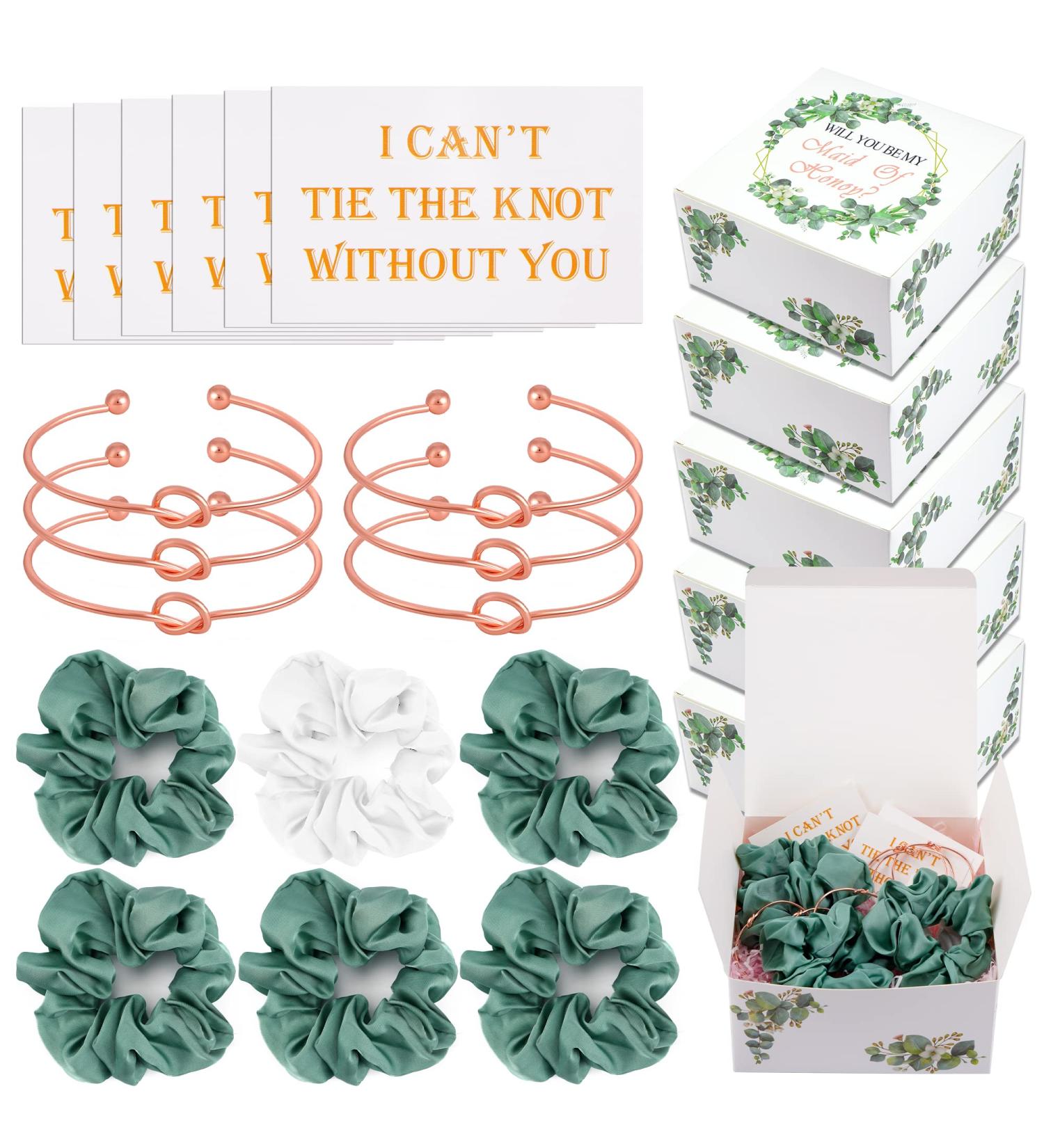 24pcs Greenery Eucalyptus Bridesmaids Proposal Gift Set - Bridesmaid Boxes, Love Knot Bracelets, Cards, and Satin Scrunchies - Buy Online on GoSupps.com