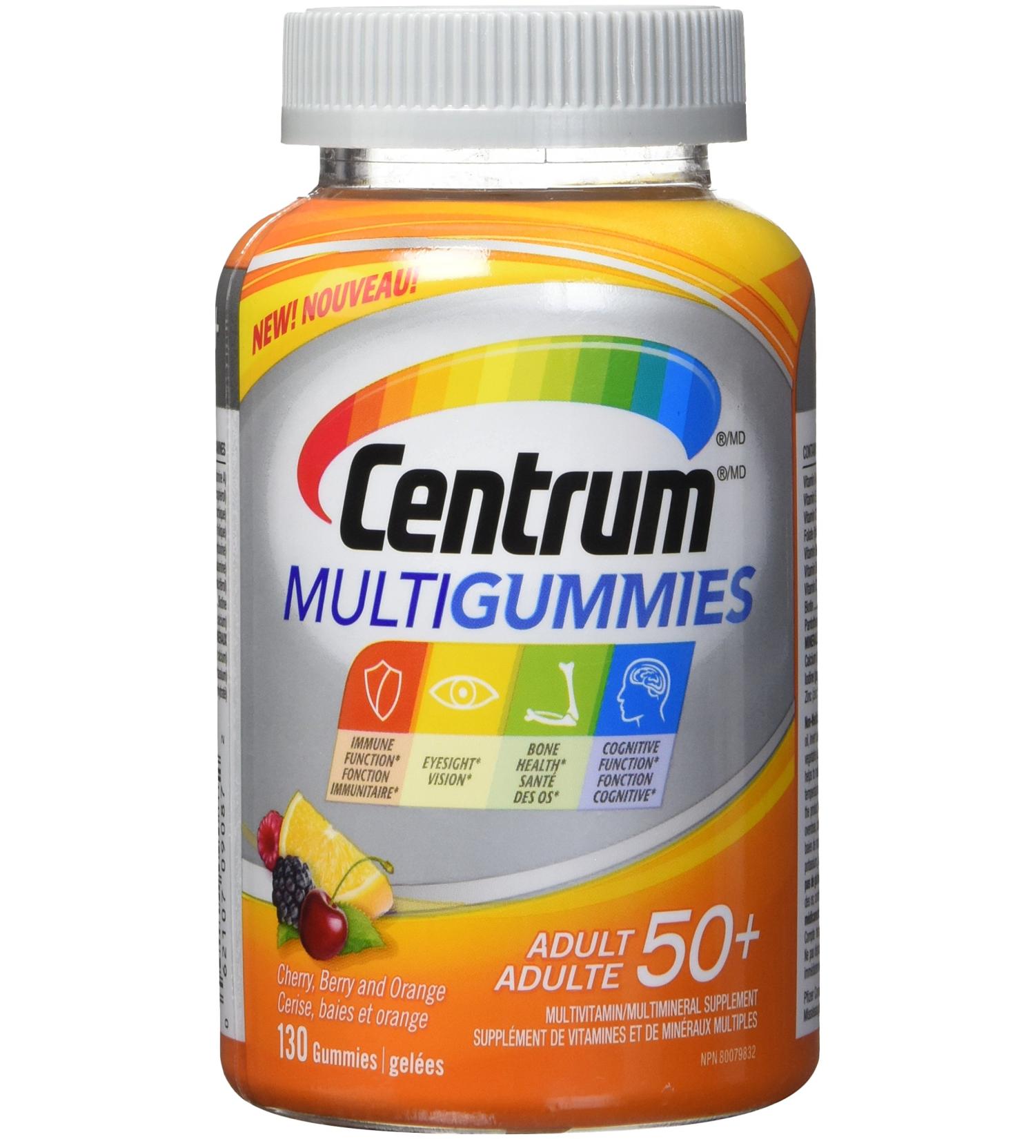 Centrum MultiGummies Adult 50 Plus Multivitamins/Minerals Gummies for Men & Women 50+ Cherry Berry and Orange Flavour 130 Gummies