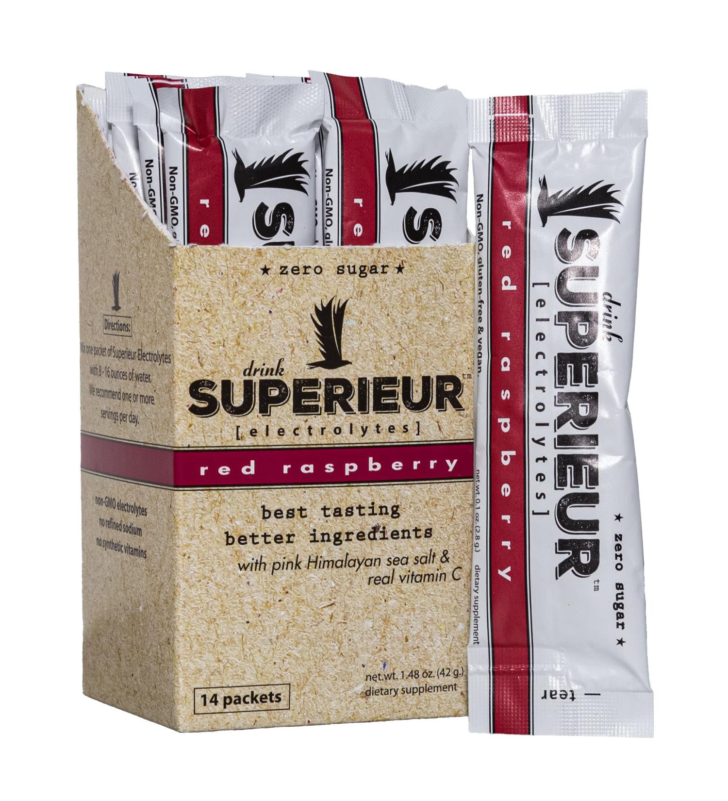 Superieur Electrolyte Powder Packets - Vegan Hydration Powder with Sea Minerals - Keto Friendly, Non-GMO, Zero Sugar Supplement - Raspberry Flavor (14 Packets) - Buy Online on GoSupps.com