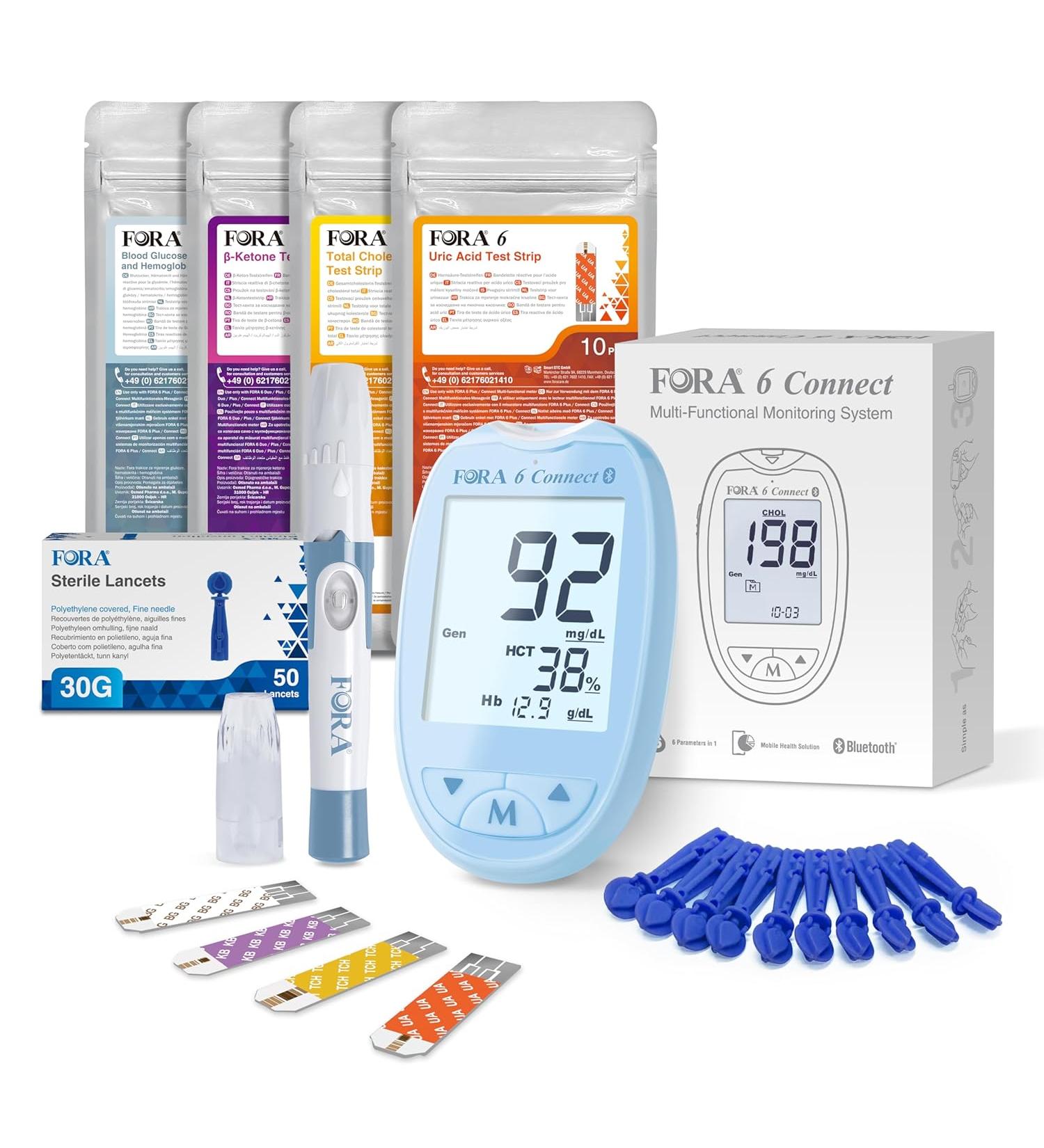 FORA 6 Connect 4-in-1 Blood Glucose Ketone Cholesterol and Uric Acid Meter For Home Use - Bluetooth & App Includes Test Strips & Accessories - Blue - Buy Online on GoSupps.com