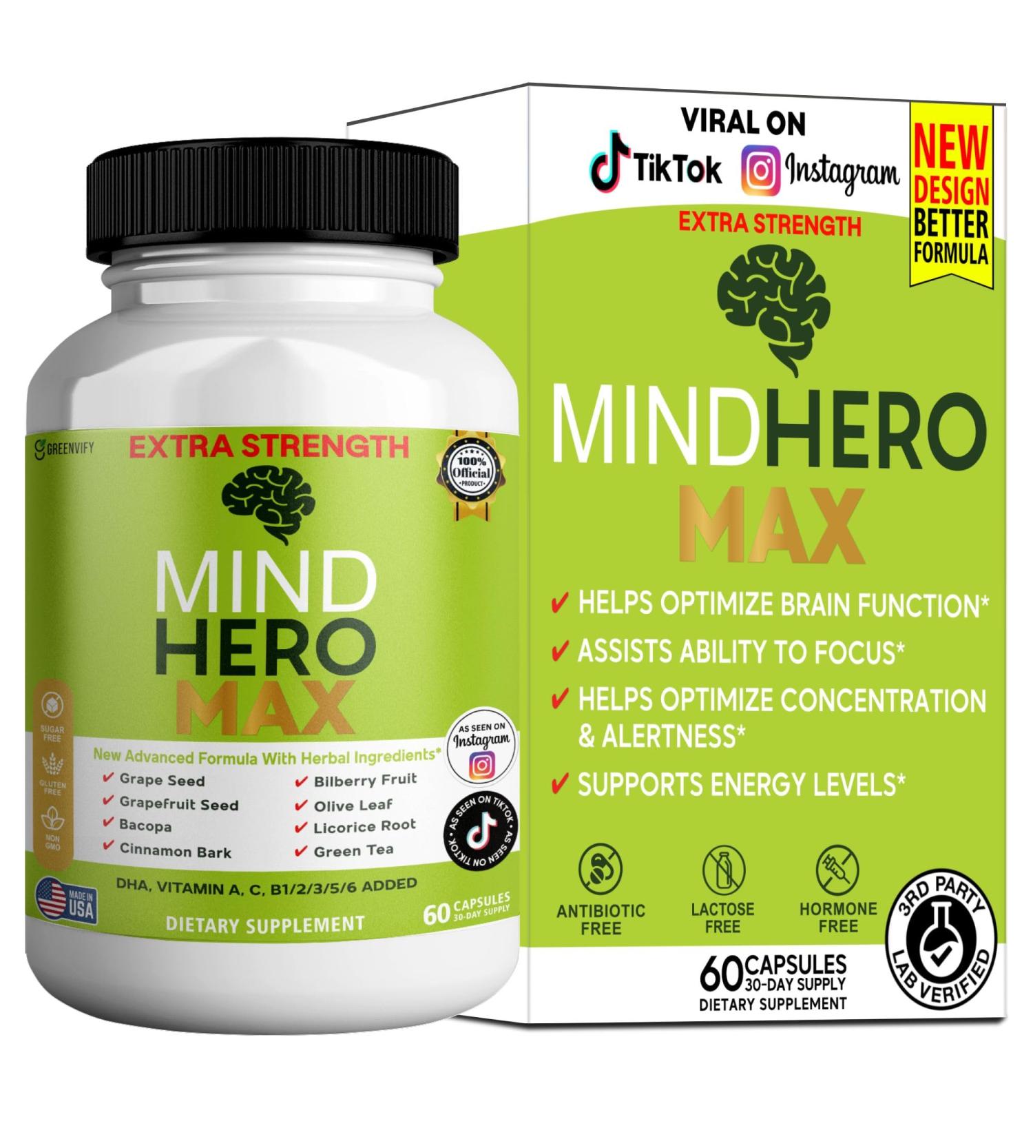 Mind Hero Max Extra Strength Nootropic Supplement with Herbal Ingredients 60 Capsules DHA Vitamins Bacopa Green Tea Grape Seed Extract (1) - Buy Online on GoSupps.com