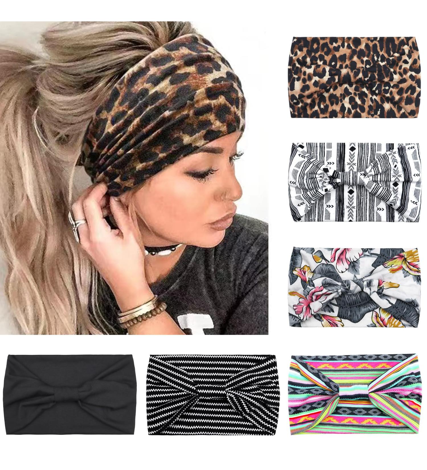 Kavya 6 PCs Boho Headbands for Women | Wide Elastic Leopard Print & Multi-Colored Hair Accessories | Yoga & Sport Hair Bands - Buy Online on GoSupps.com