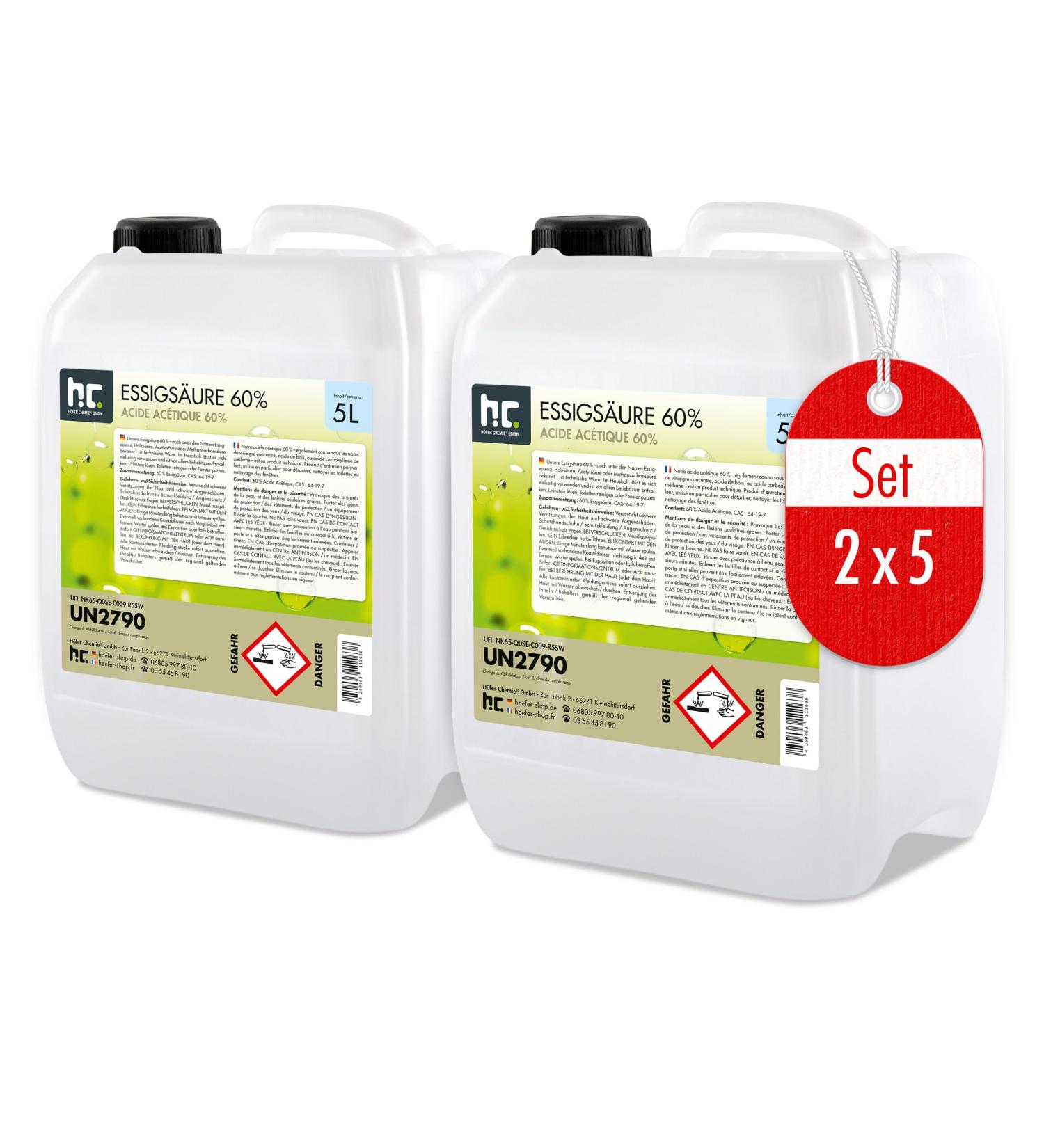 H fer Chemistry 2x 5L Acidic Acid 60% - Premium Cleaner & Descaler - Made in Germany - Freshly Filled Canisters - International Shipping Available - Buy Online on GoSupps.com