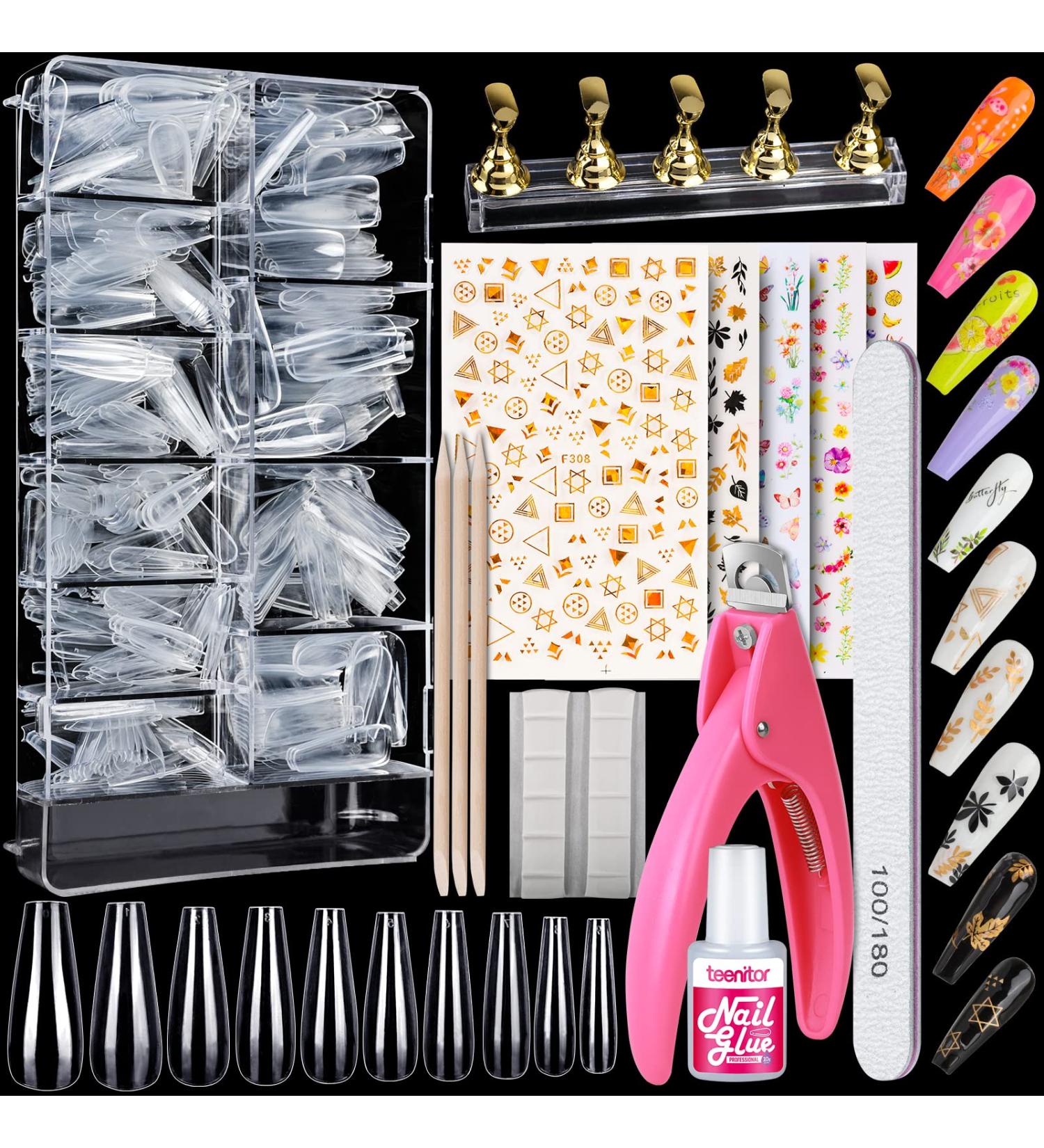 Teenitor 600pcs Clear Coffin Nail Tips Set with Glue, Clipper, Stickers - Long Ballerina False Nails Kit - Buy Online on GoSupps.com
