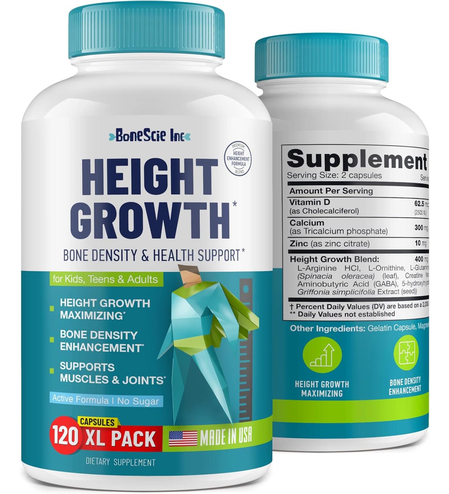 BONESCIE INC - Height Growth Maximizer - Made in USA - Natural Height Increase Booster & Bone Growth Pills - Grow Taller Supplement for Adults Teens & Kids - Vitamins for Boys & Girls to Get Taller - 120 capsules - Buy Online on GoSupps.com