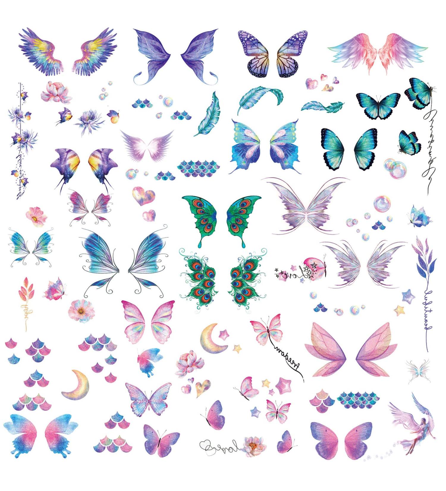 Glitter Butterfly Temporary Tattoos Stickers - Waterproof Body Stickers for Girls, Fairy Wings & Flowers Design - Fake Tattoo Decorations for Kids & Women - Purple - Buy Online on GoSupps.com