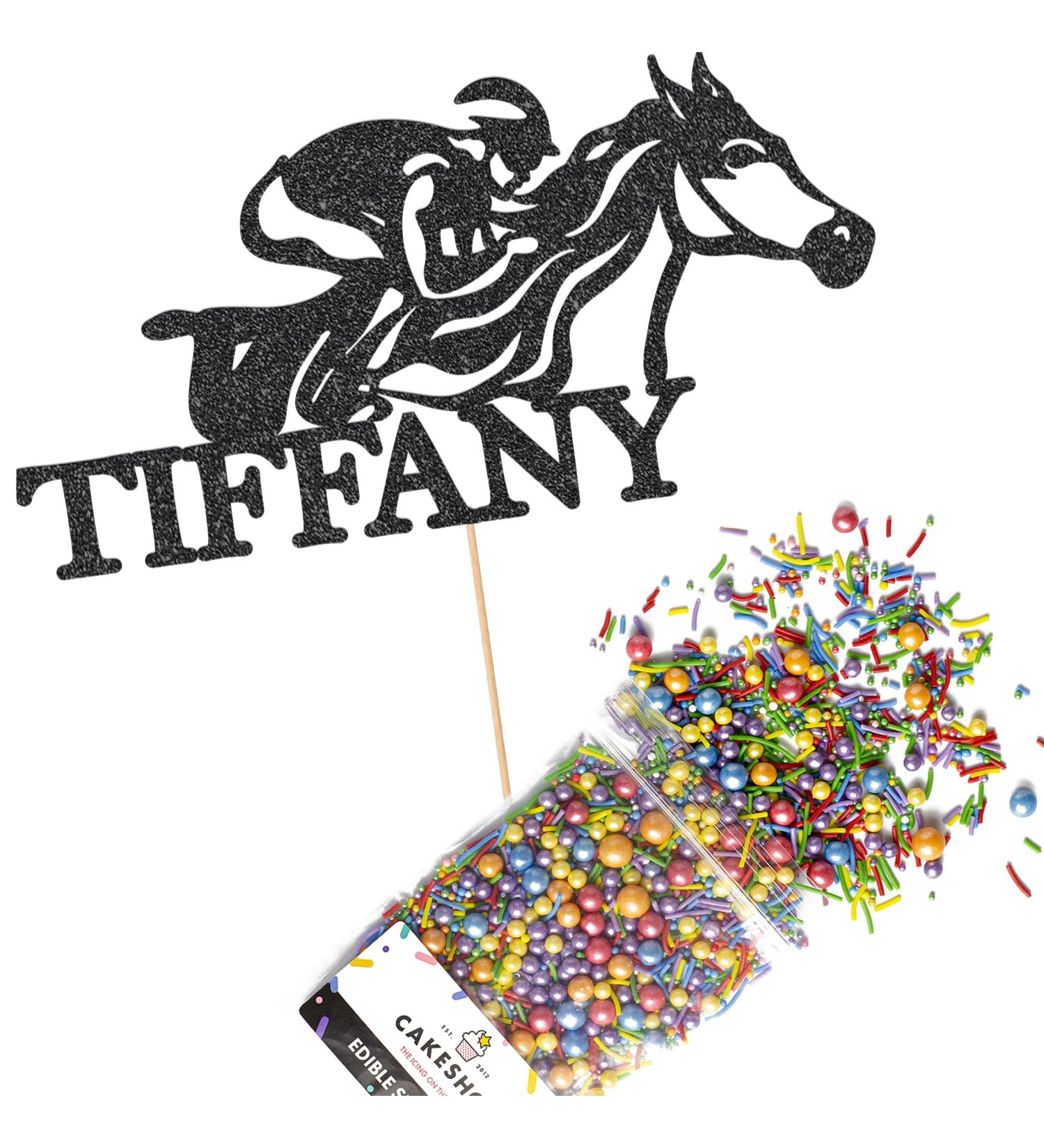 Cakeshop Cake Decoration Pack | Horse Racing Theme Premium Double Sided Glitter Card Cake Topper Sign & 25g Party Pack of Cake Sugar Sprinkles | Custom Name Cake Decorations (Black) Prime Glitter Card: Black - Buy Online on GoSupps.com