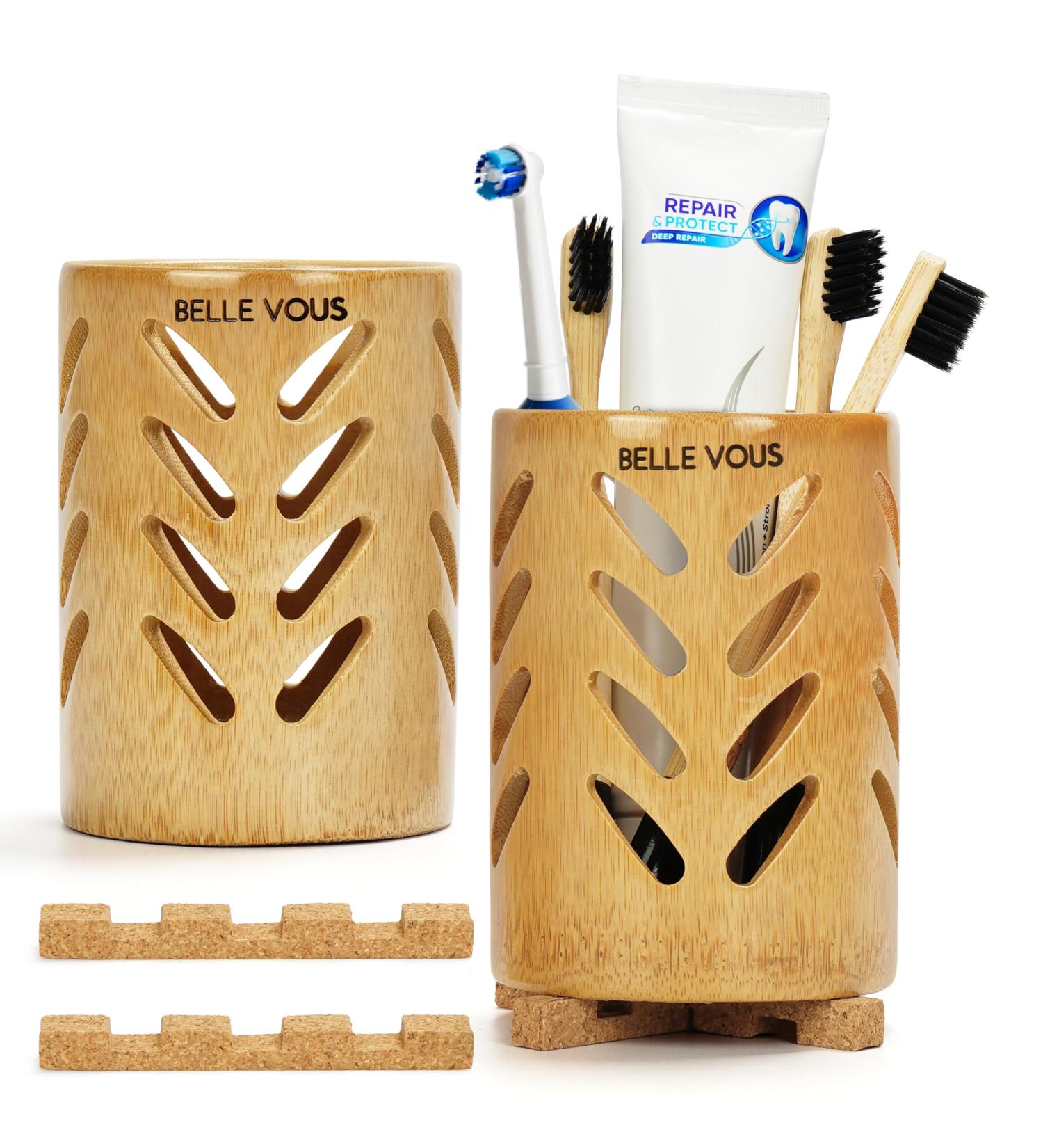 Buy Belle Vous 2 Pack Bamboo Toothbrush Holder - Eco-Friendly Drainage Cup for Travel & Bathroom - Sustainable Storage for Razors Toothpaste & Toothbrushes - Buy Online on GoSupps.com