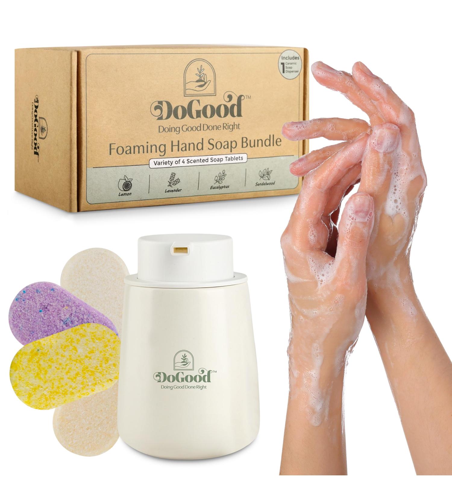 DoGood Foaming Hand Soap Starter Kit Refillable 350 mL Ceramic Dispenser & 4 Scented Tablets Eco-Friendly Zero-Waste Foam Soap (Lavender Lemon Eucalyptus Sandalwood) - Buy Online on GoSupps.com