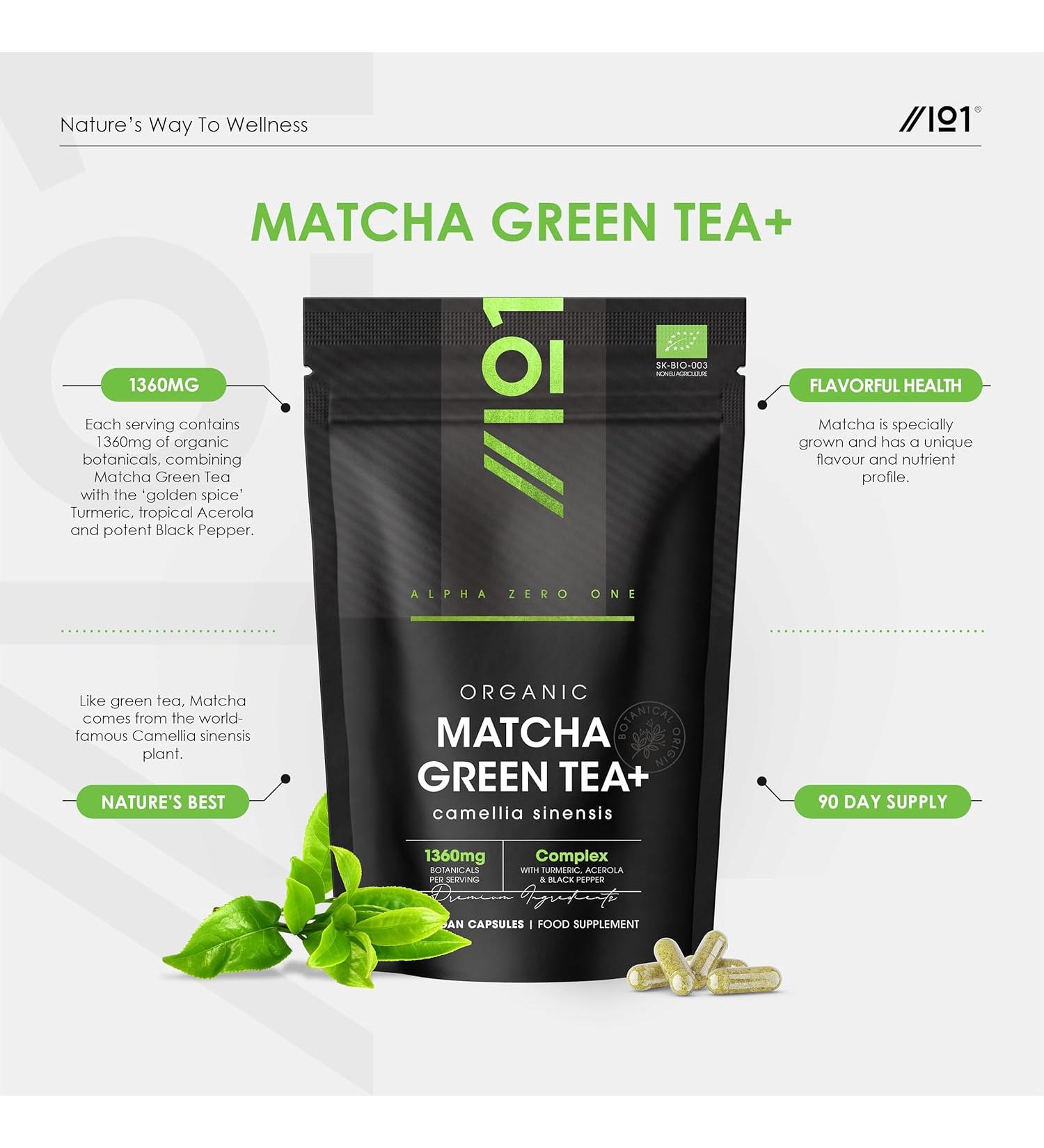 Organic Matcha Green Tea Extract 1360mg with Turmeric, Acerola & Black Pepper - 60 Vegan Capsules - Buy Online on GoSupps.com