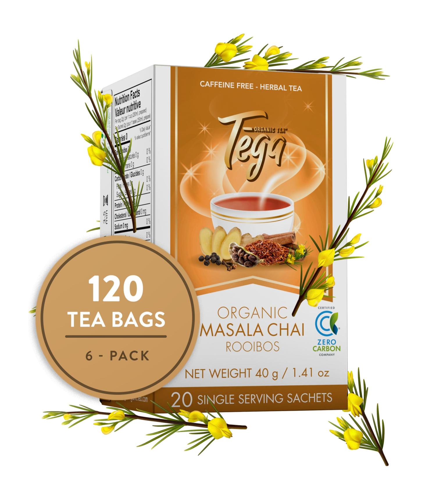 Tega Organic Masala Chai Rooibos Tea | Herbal Tea in Eco-Friendly Tea Bags Fairtrade Carbon Neutral Zero Sugar Caffeine Free 20 Individually Wrapped Tea Bags (Pack of 3) Masala Chai 20 Count (Pack of 3) - Buy Online on GoSupps.com