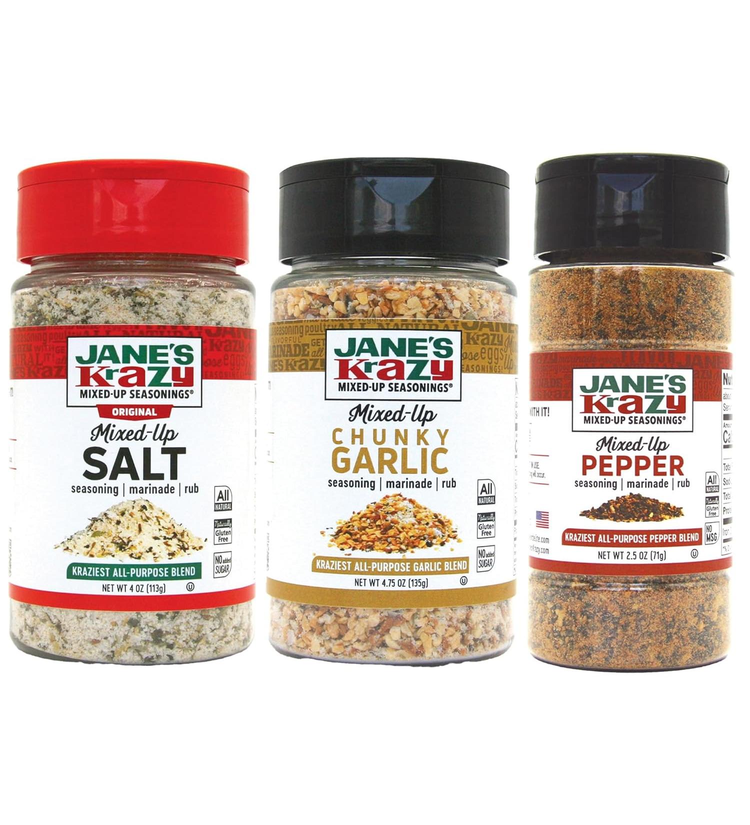 Jane's Krazy Mixed Up Seasonings Variety Pack - Salt, Pepper, Garlic 3 Piece Set - Buy Online on GoSupps.com