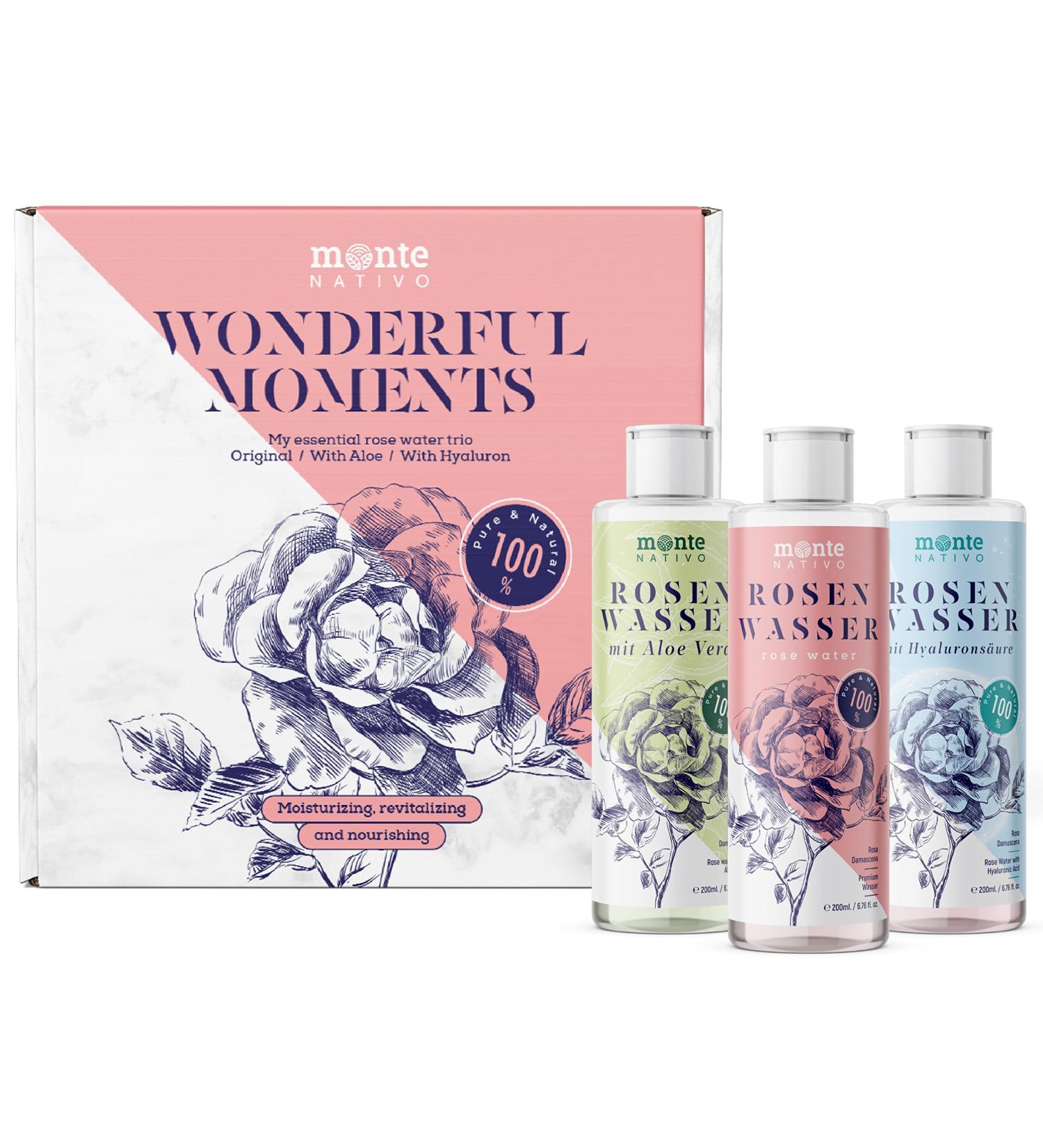 Monte Nativo Rose Water Gift Set | Original Aloe & Hyaluronic Acid | Perfect Valentine's Day Gift for Women | 200ml (3-Pack) Facial Care Set - Buy Online on GoSupps.com
