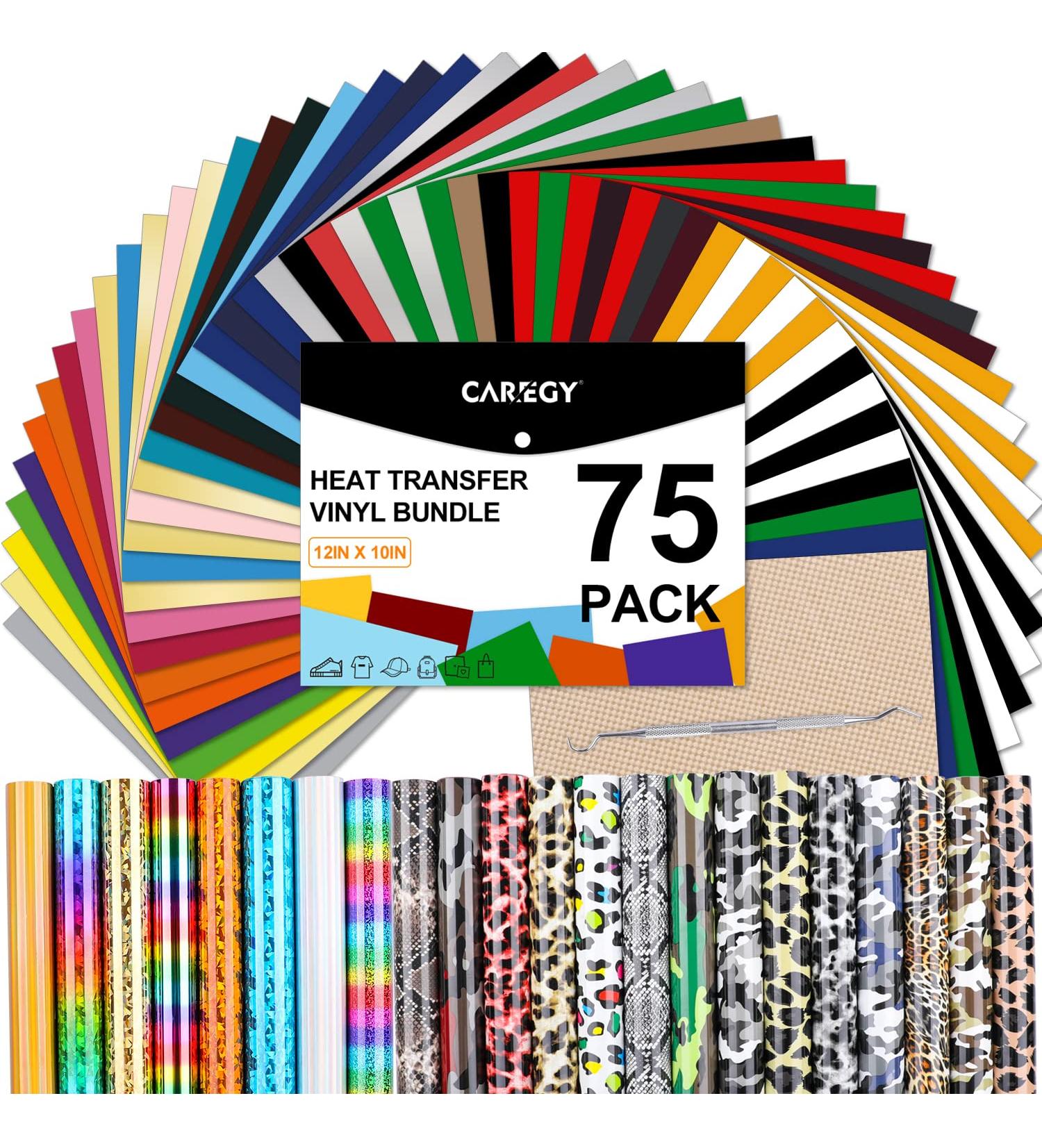 Caregy HTV Heat Transfer Vinyl Bundle - 75 Pack 12x10 Iron on Vinyl for T-Shirts | Assorted Colors with Accessories - Ideal for Cutter or Heat Press Machine - Buy Online on GoSupps.com