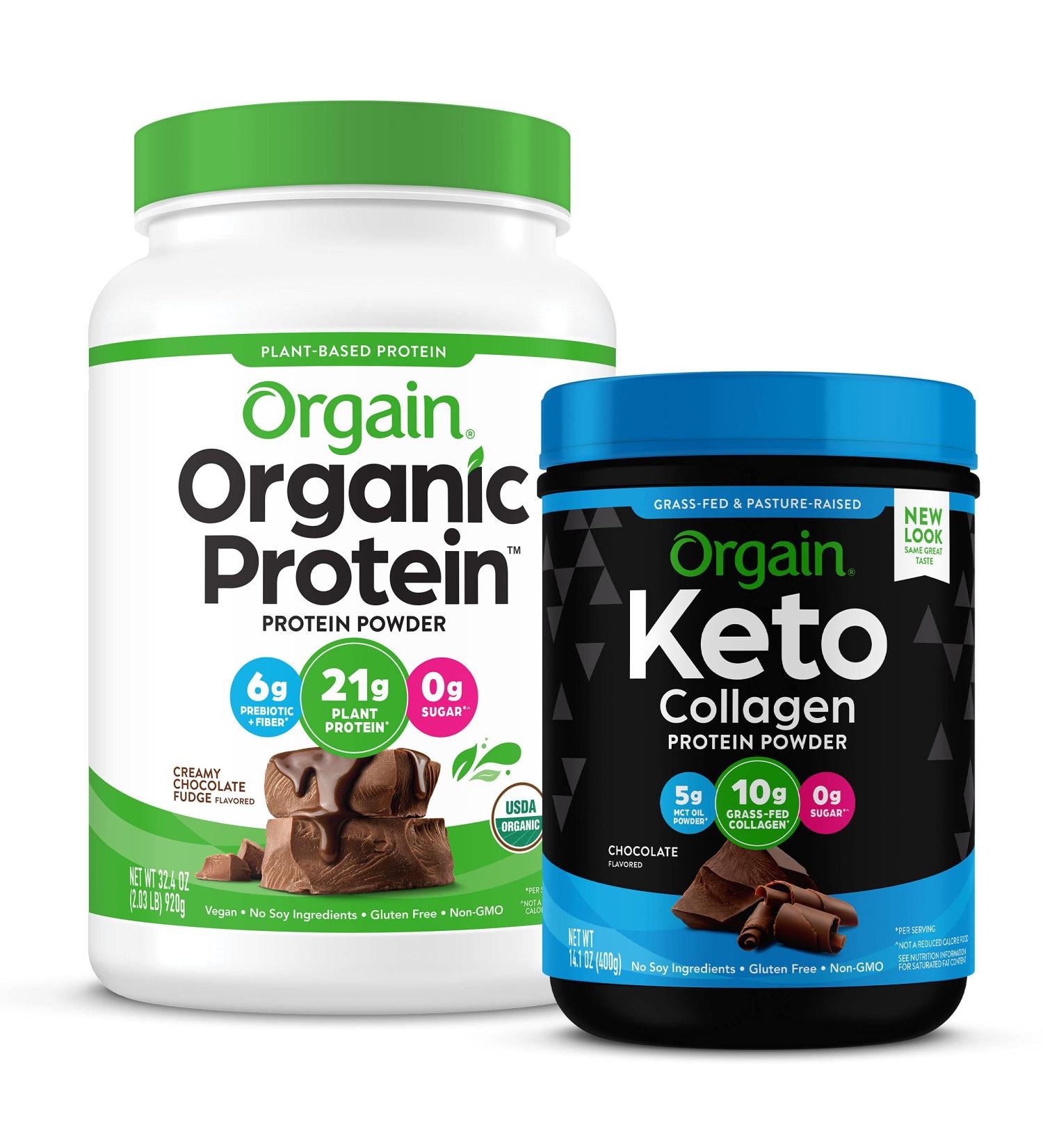 Orgain Keto Collagen Protein Powder Chocolate (0.88lb) Organic Vegan Protein Powder Creamy Chocolate Fudge (2.03lb) - Buy Online on GoSupps.com