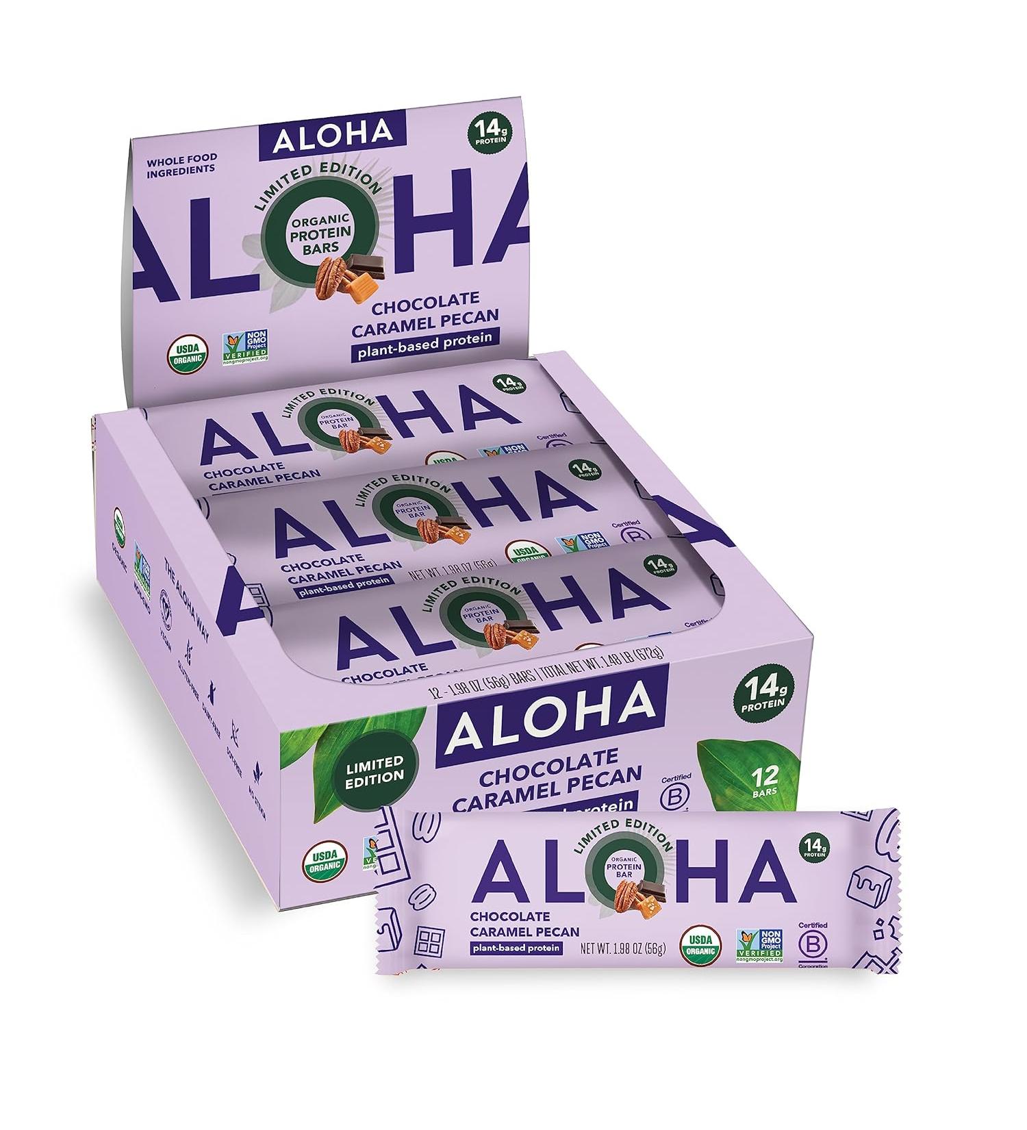 ALOHA Organic Plant Based Protein Bars | Chocolate Caramel Pecan | 12 Count  1.98oz Bars | Vegan  Low Sugar  Gluten Free  Paleo Friendly  Low Carb  Non-GMO  Stevia Free  Soy Free  No Sugar Alcohol Sweeteners - Buy Online on GoSupps.com