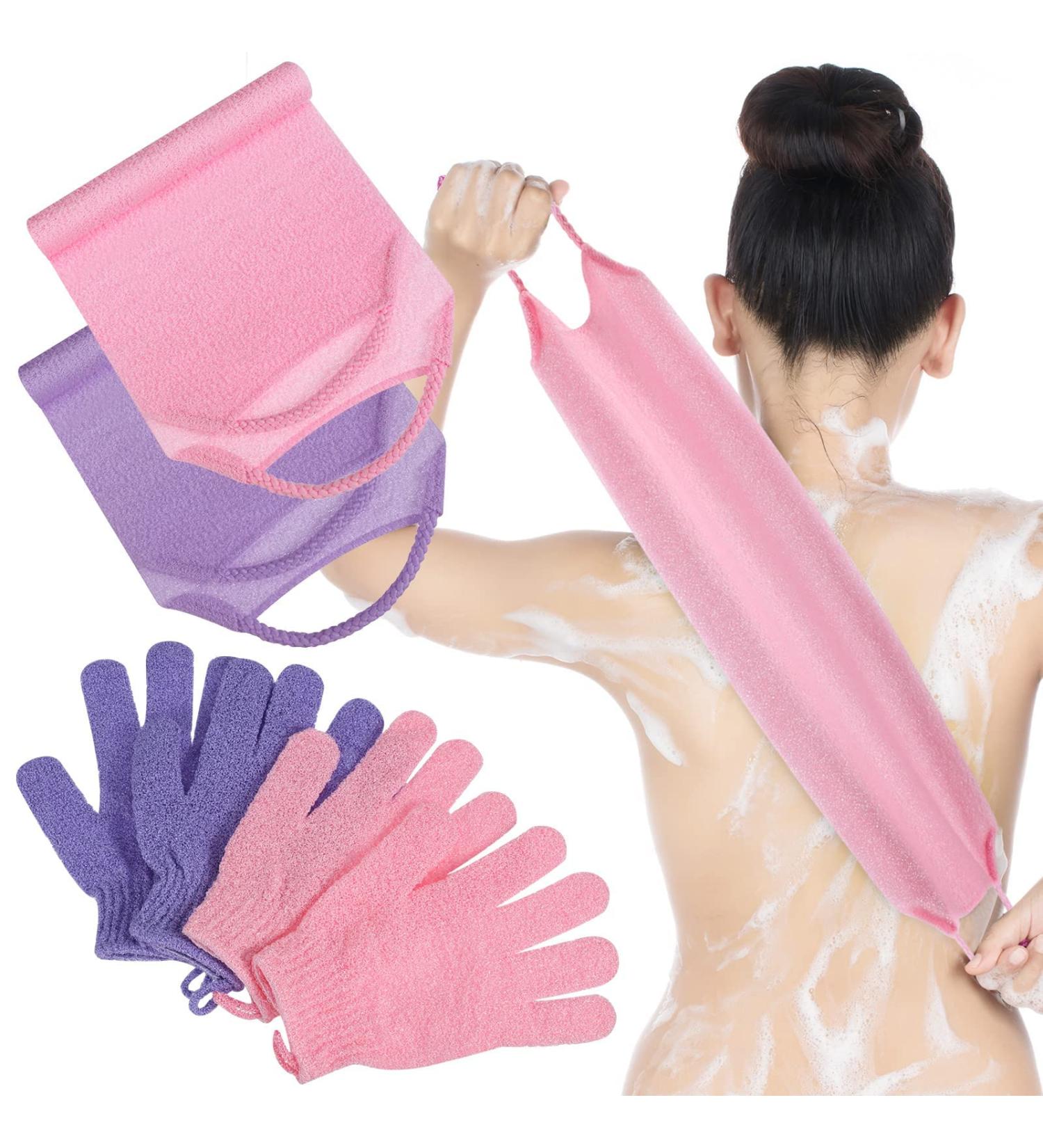 4 Pack Exfoliating Shower Bath Gloves Back Scrubber Set for Women Men Children - Skin Exfoliation and Cleansing - Stretchable Pull Strap Washcloth - Pink Purple - Buy Online on GoSupps.com