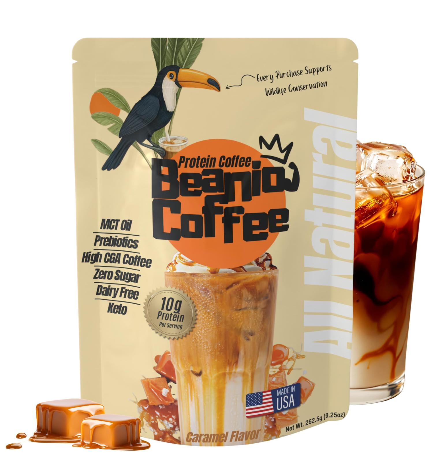 Beanio Caramel Protein Iced Coffee Instant Collagen Coffee with High CGA for Energy & Focus Sugar-Free Dairy-Free Lactose-Free Keto & Fasting Friendly 100mg Caffeine 15 Servings - Buy Online on GoSupps.com