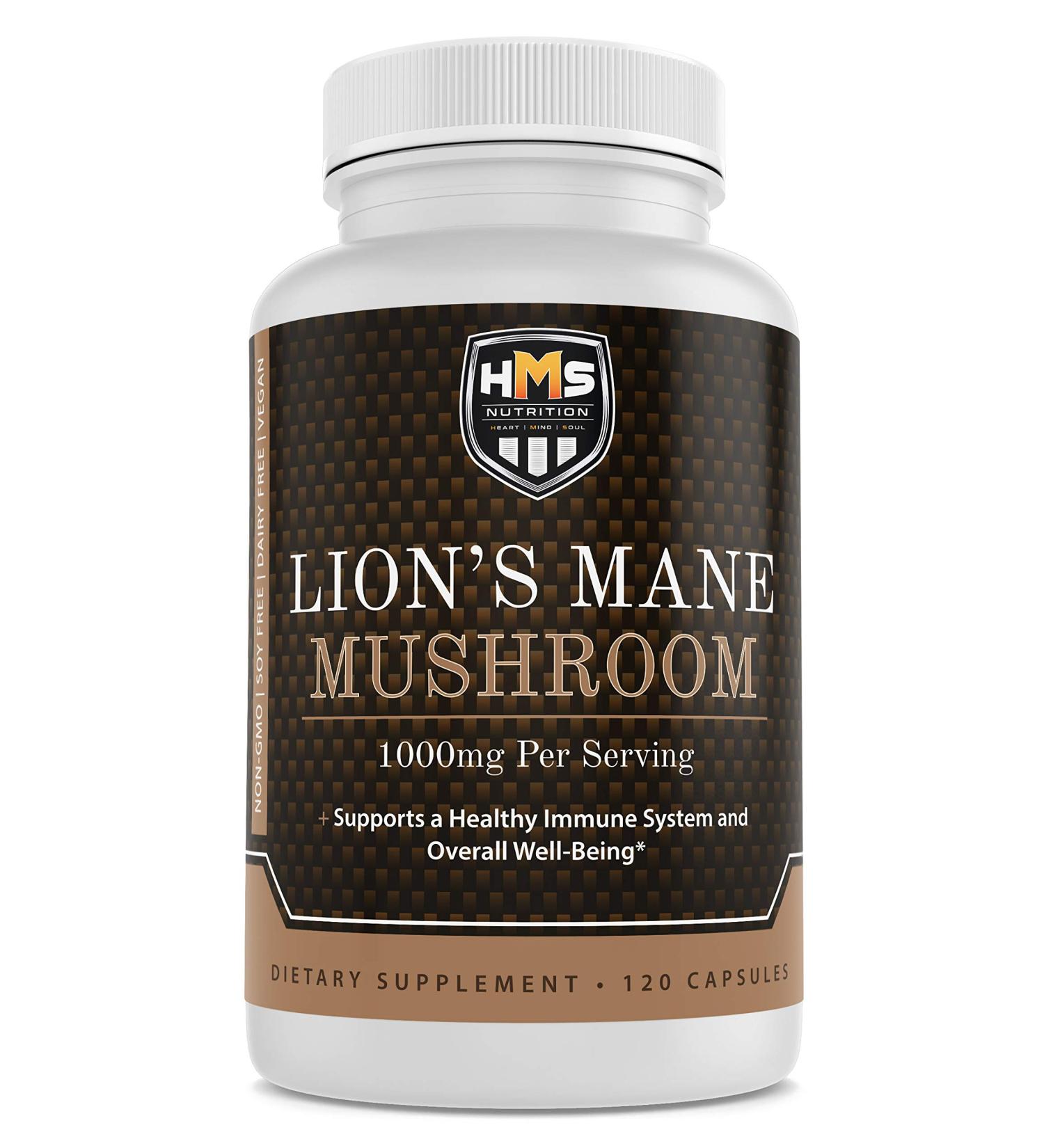 Lion's Mane Mushroom Capsules - 1000mg Potent Non-GMO Vegan Supplement by HMS Nutrition - Buy Online on GoSupps.com