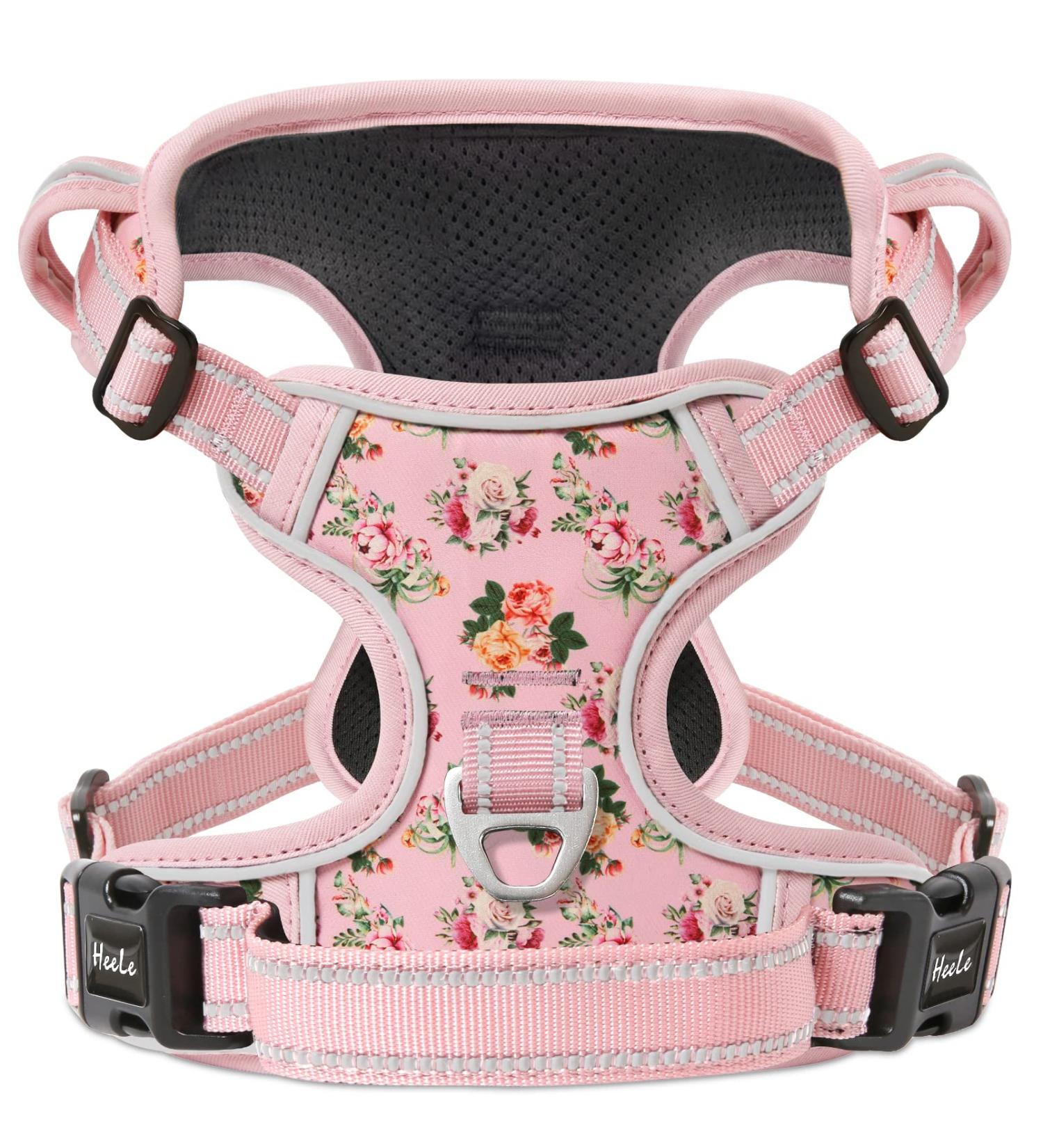Heele Dog Crockery & No-Pull Harness for Medium Dogs | Softly Breathable Adjustable Reflective Dog Gear - Pink Flower Design - Buy Online on GoSupps.com