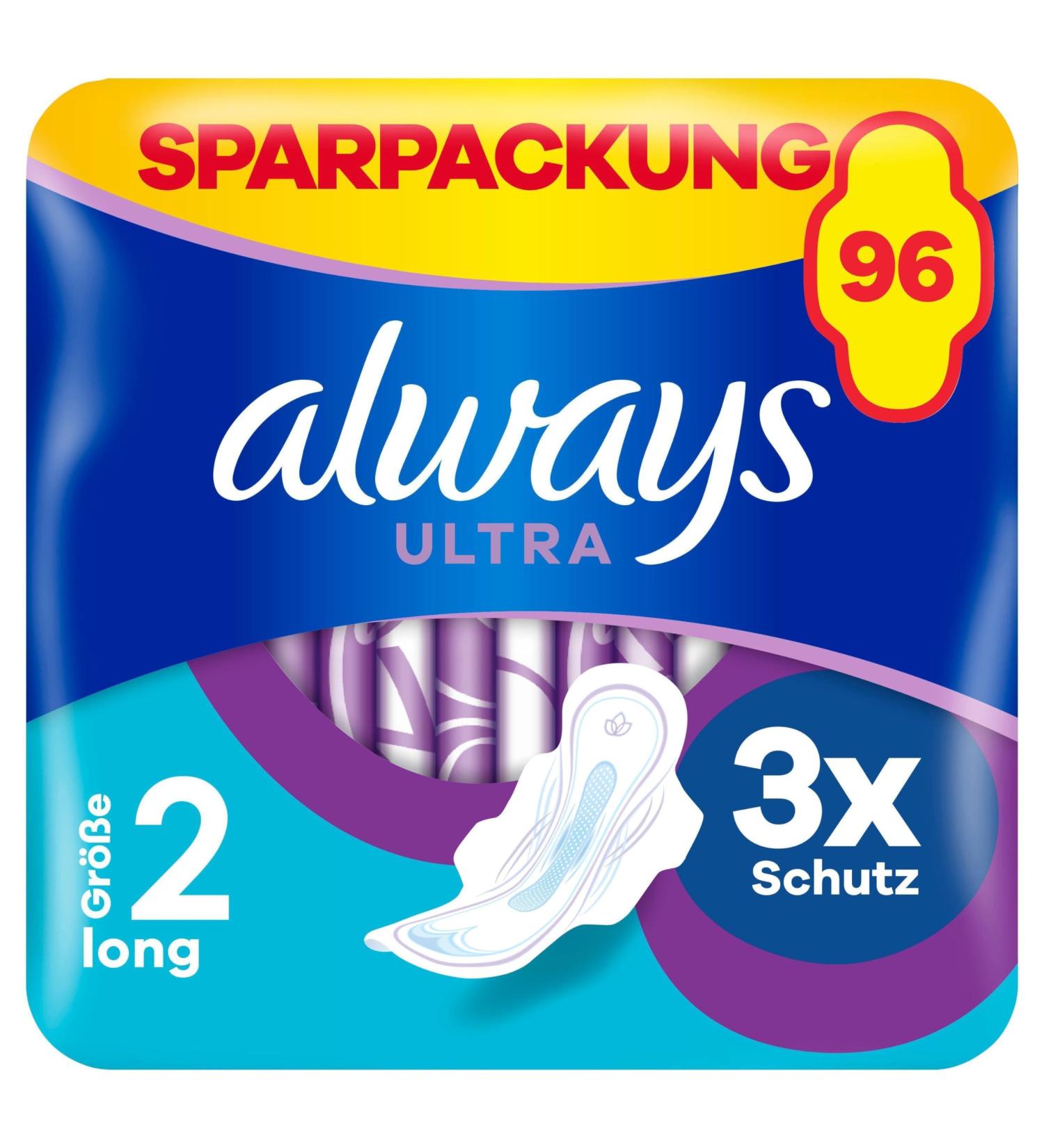 Always Ultra Binding Size 2 Long Ladies Pads - 96 Count Multipack with Wings | Ultra-Absorbent Comfort - 3 x 32 Pieces - Buy Online on GoSupps.com