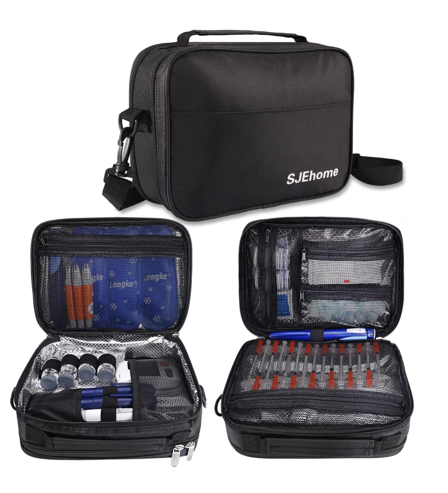 SJEhome Insulin Cooler Diabetic Travel Case - Large Black Double Layer Design for Glucose Meter, Insulin Pens & Accessories - Portable Medicine Bag with Shoulder Strap - Buy Online on GoSupps.com
