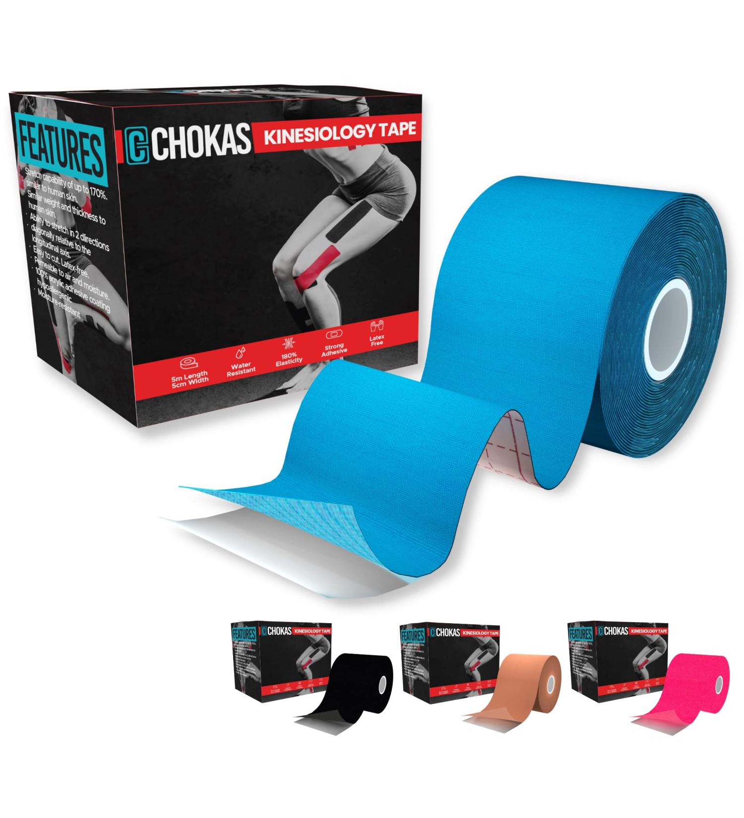 CHOKAS Kinesiology Tape 5m Roll - Waterproof Therapeutic Sports Tape for Pain Relief - Shoulder, Ankle, Elbow, Wrist, Knee Support - Blue - Buy Online on GoSupps.com