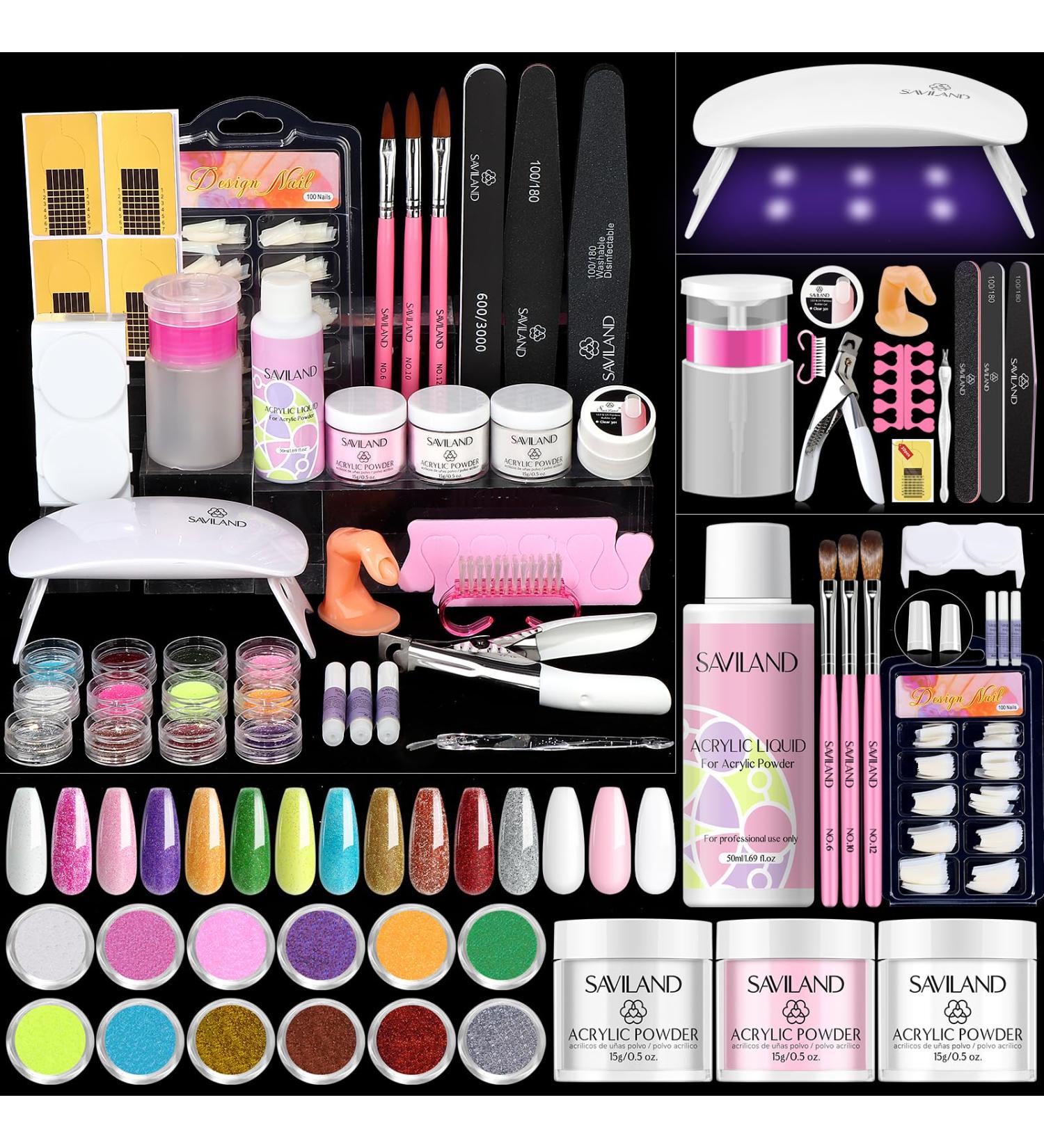 Saviland Acrylic Nail Kit for Beginners - Complete Set with Keratin Powder EMA Monomer Nail Lamp & 100 Tips for Home Practice - Buy Online on GoSupps.com