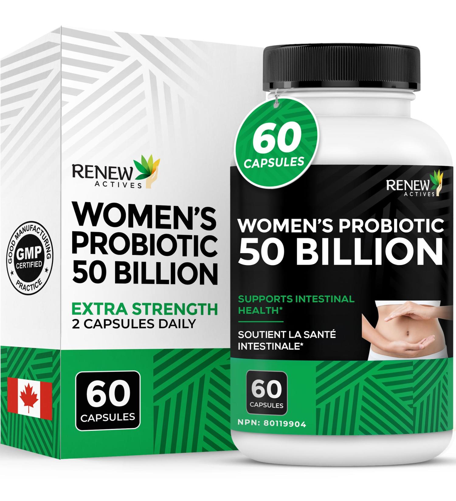 RENEW ACTIVES Probiotics for Women 50 Billion CFU per 2 Capsules MAKTREK Technology 4 Probiotic Strains & Prebiotic Blend Supports Digestion Health & Gut Flora Balance Made in Canada 60 Capsules - Buy Online on GoSupps.com