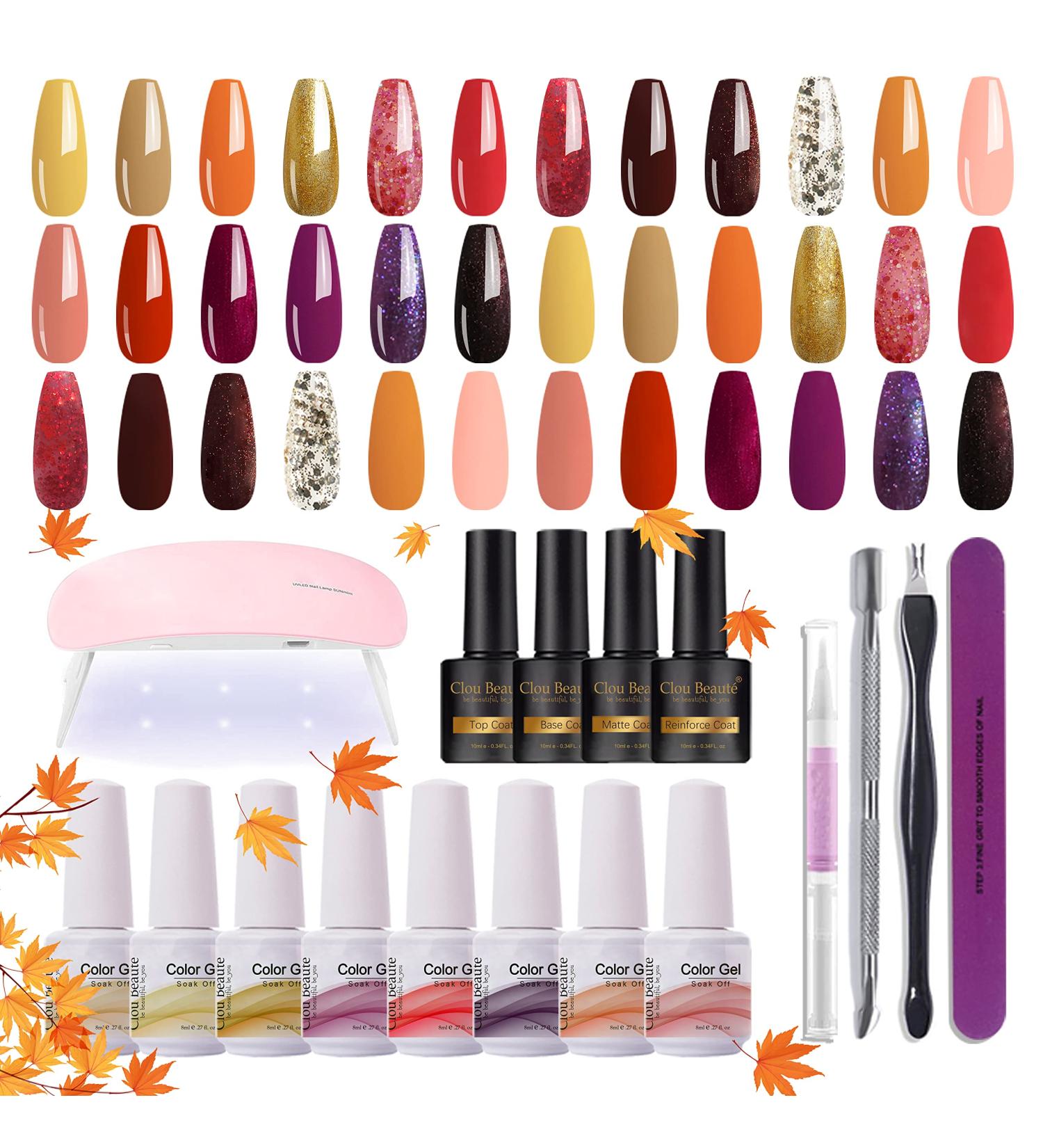 Clou Beaute Cozy Campfire Collection Gel Nail Polish Kit - 18 Fall Winter Colors | Orange Yellow Green Soak Off Polish Set with Lamp Base and Top Coat | 8ml Manicure Gift for Women - S22-07 - Buy Online on GoSupps.com